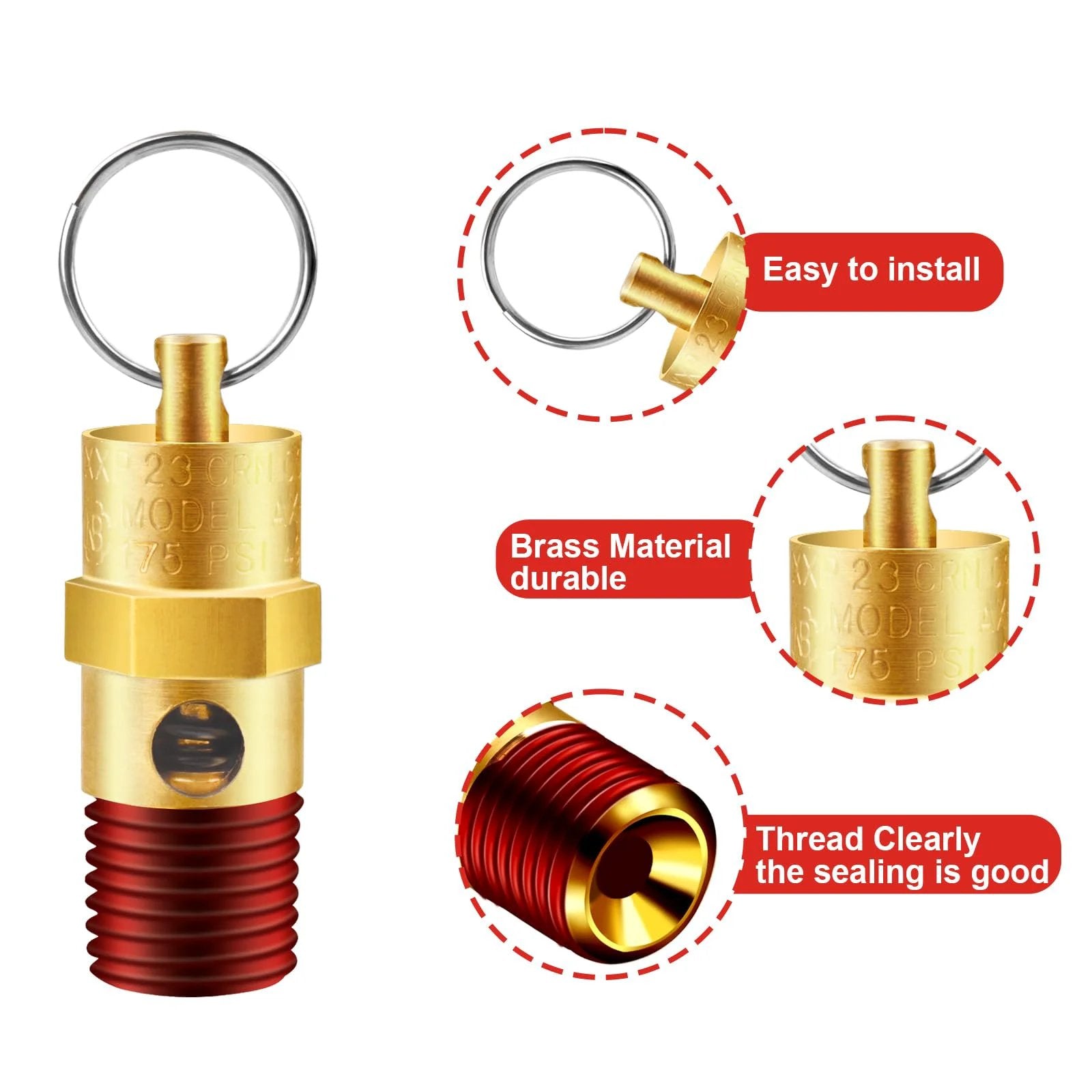 Brass One Quarter Inch NPT Pressure Relief Valve For Air Compressors, 175 PSI, Dual Pack, Rust Resistant, Easy Install.