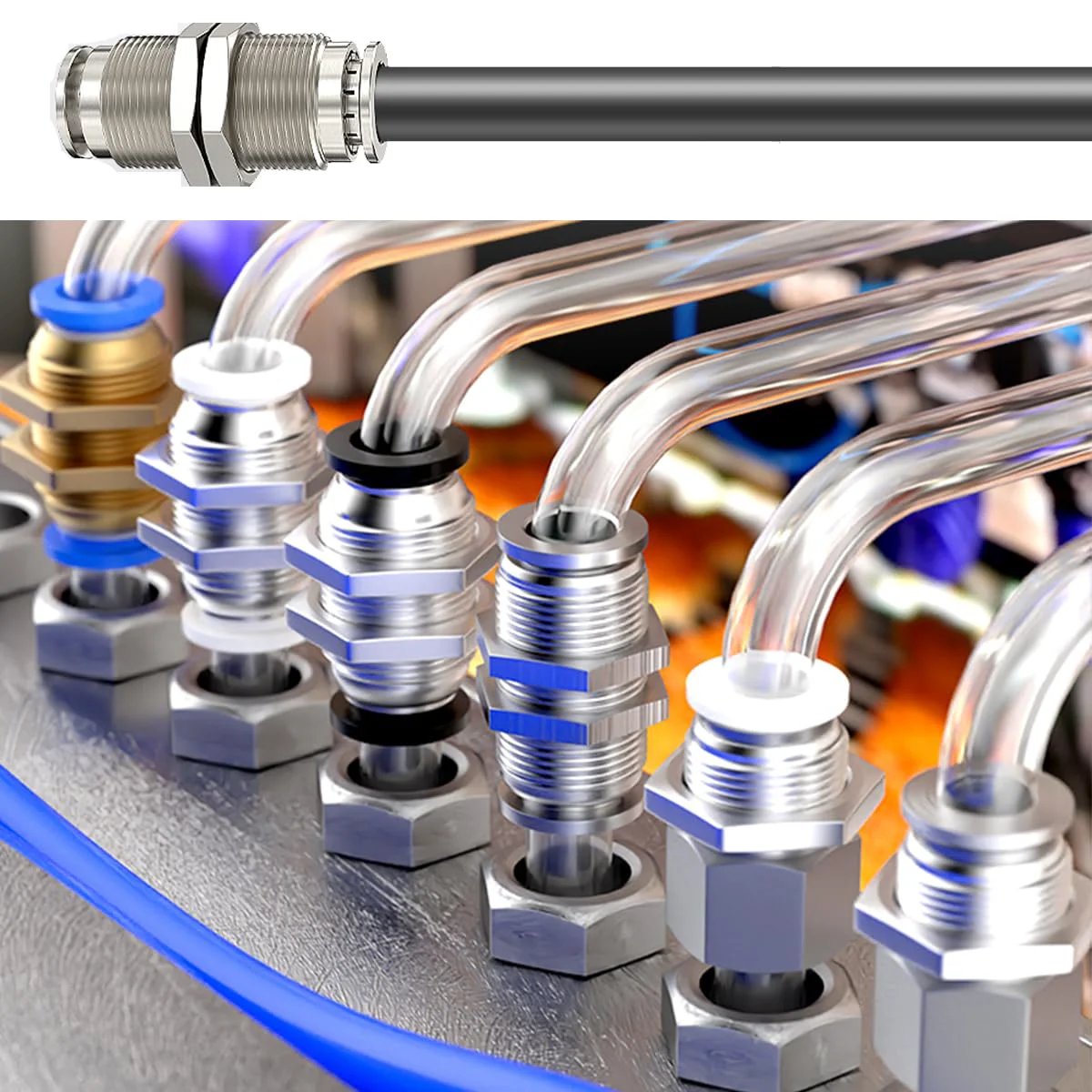 Bulkhead Union Push To Connect Pneumatic Fitting 3/8 Inch Tube OD, 304 Stainless Steel, multiple fittings installed