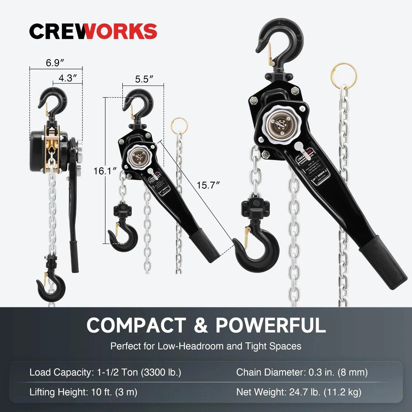 Lever Chain Hoist One And One Half Ton Capacity 3300 Lb Manual Chain Hoist With Ten Ft Lift G80 Galvanized