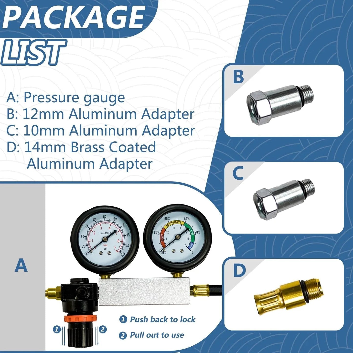 Universal Cylinder Leak Down Tester Kit With Dual Pressure Gauges For Gasoline Engines with included adapters