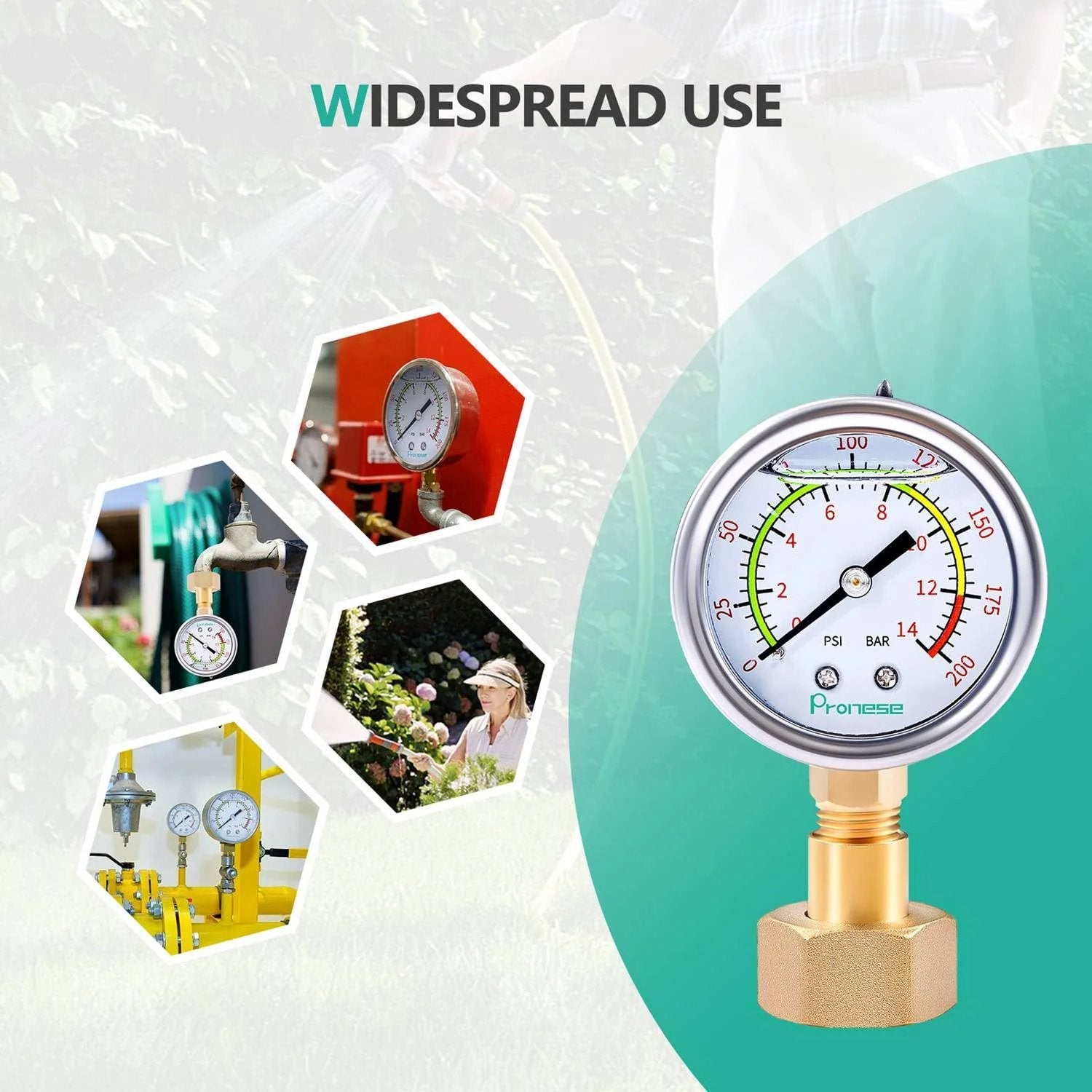 Stainless Steel Water Pressure Gauge Kit with 2-Inch Dial, color-coded for quick readouts, shown in garden use.