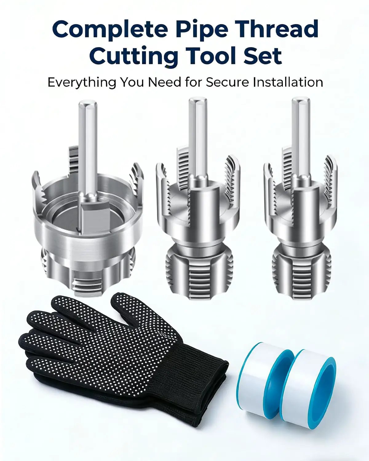 4 In 1 Water Pipe Threader Kit For One Half Inch, Three Quarter Inch, And One Inch Pipes, Carbon Steel Construction, Three Piece Set