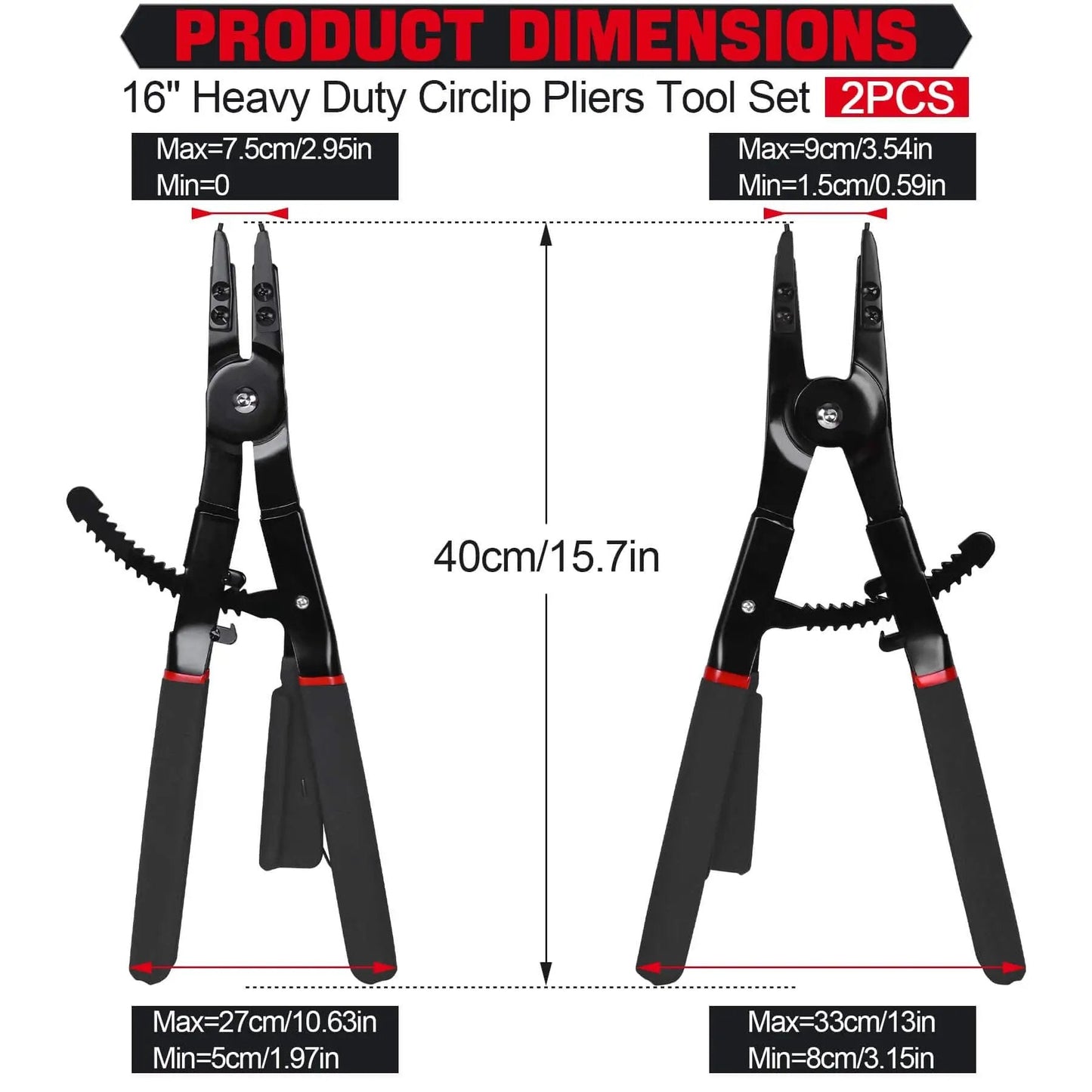 Heavy Duty Snap Ring Pliers Set Two Piece 16 Inch Circlip Pliers For Internal And External Rings With 45 Degree And 90 Degree Tips Ideal For Vehicle Maintenance And Repair By Inchoco, showing front view of pliers with dimensions