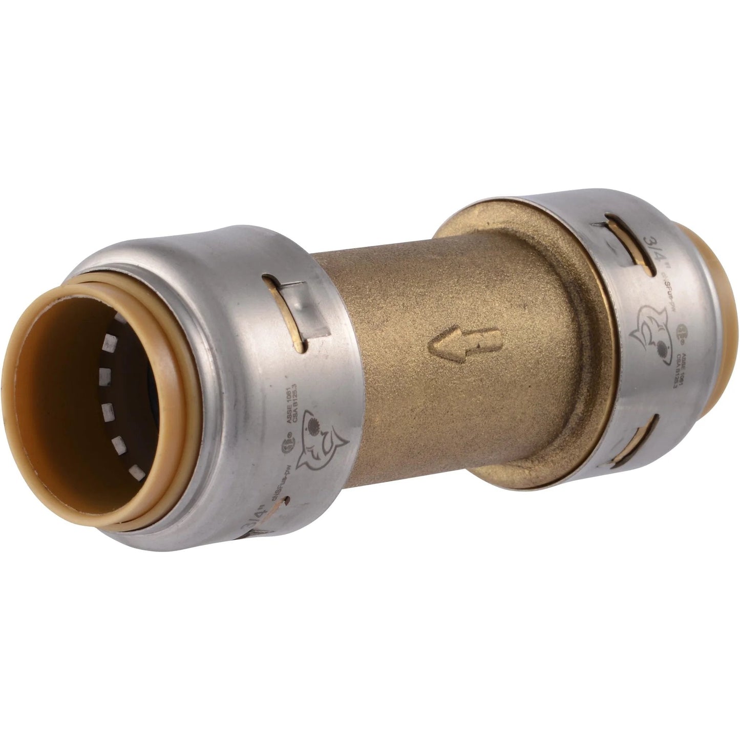 High Flow Three Quarter Inch Push To Connect Check Valve In Brass SharkBite Max UR2016A for PEX, Copper, CPVC, PE-RT, HDPE Pipes