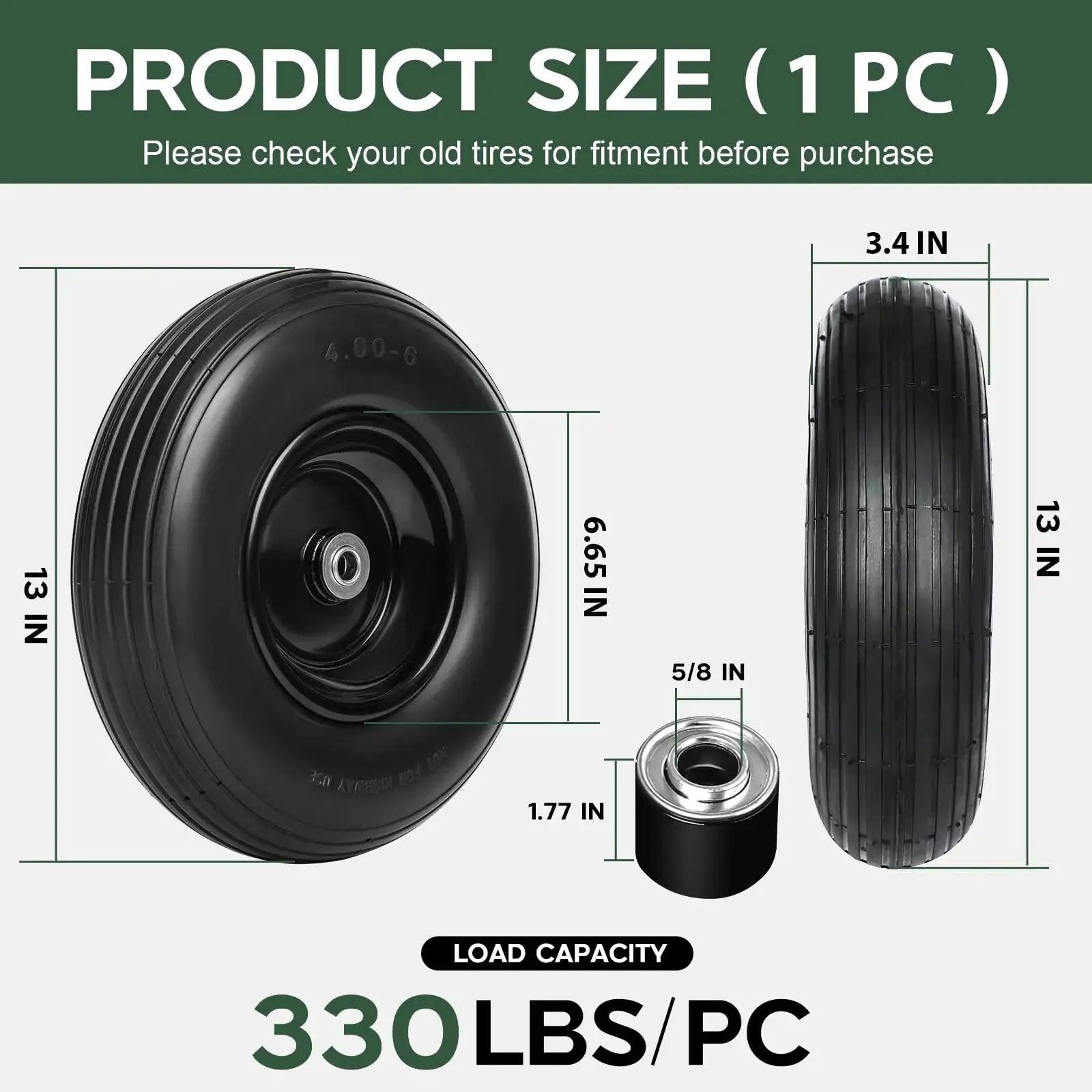 13 Inch Solid Flat Free Replacement Tire And Wheel 4.00-6 With Five Eighth Inch Axle Bore for carts, 330 lbs capacity, dimensions labeled