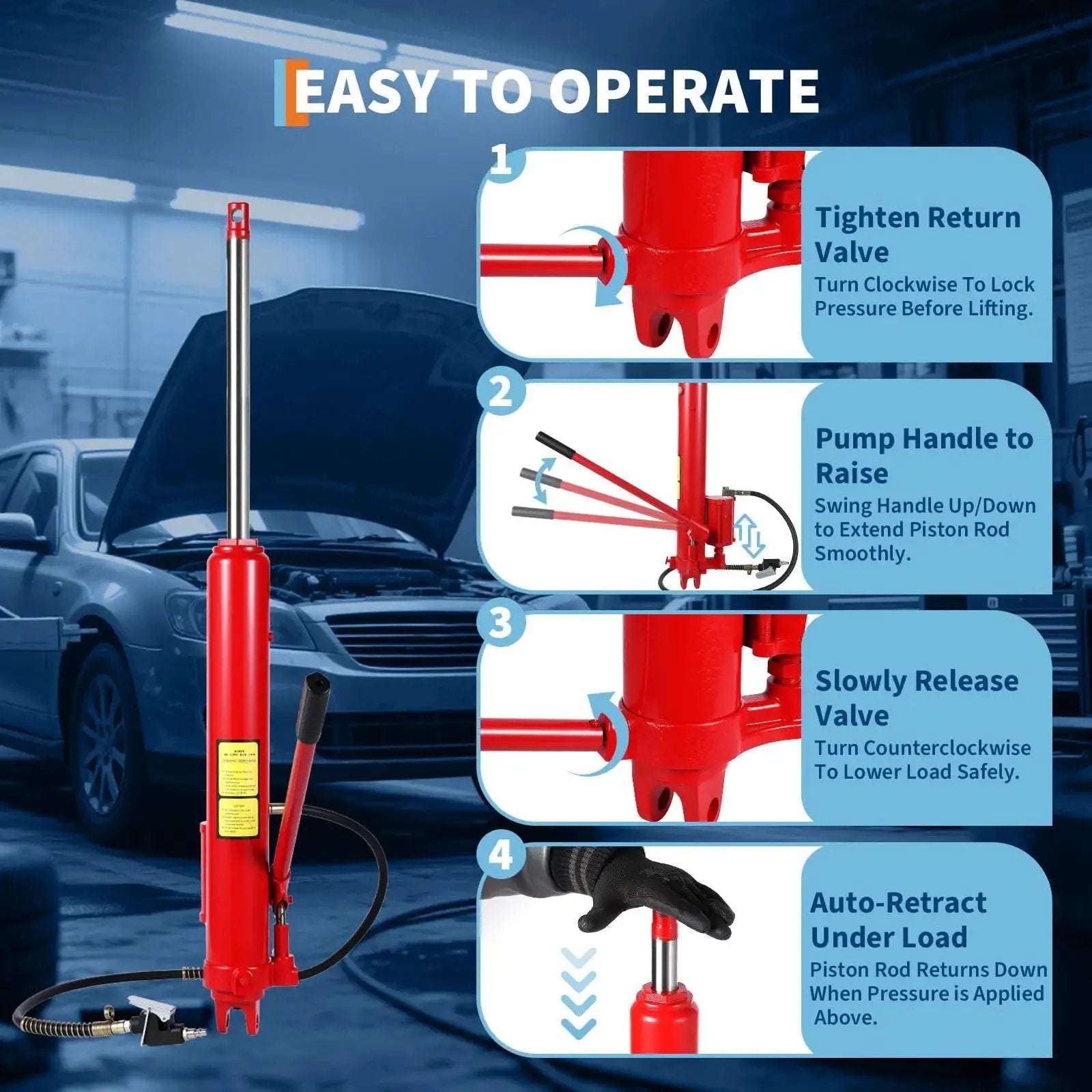Image showing 8 Ton Hydraulic Engine Hoist Cylinder With Clevis Base And Air Pump For Lifts in auto shop, highlighting features.