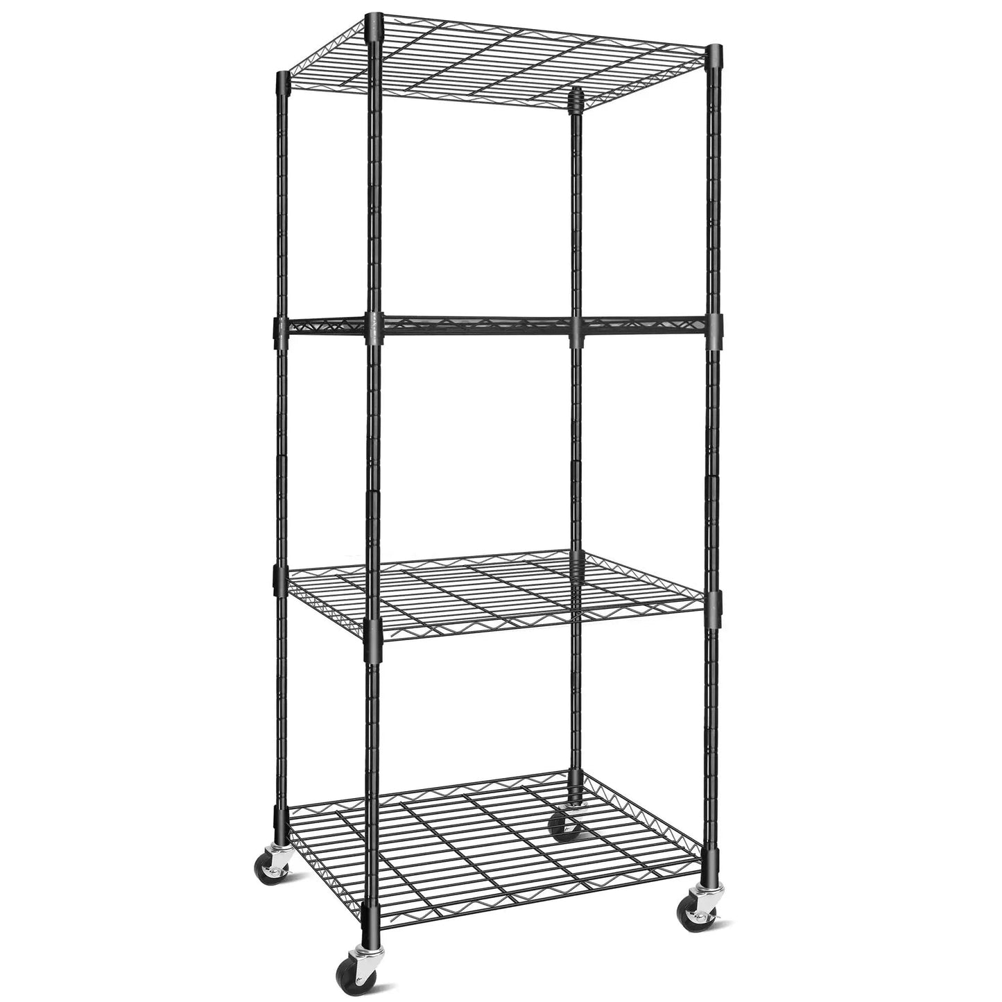Tall metal wire shelving unit with Two Inch Rubber Stem Casters For Wire Shelving And Rolling Carts Set Of Four With One Quarter Inch Threaded Stem Replacement Wheels For Shelving Parts Compatible With Common Adapter Threads Such As Five Sixteenth To Eighteen And M8 M10 installed.