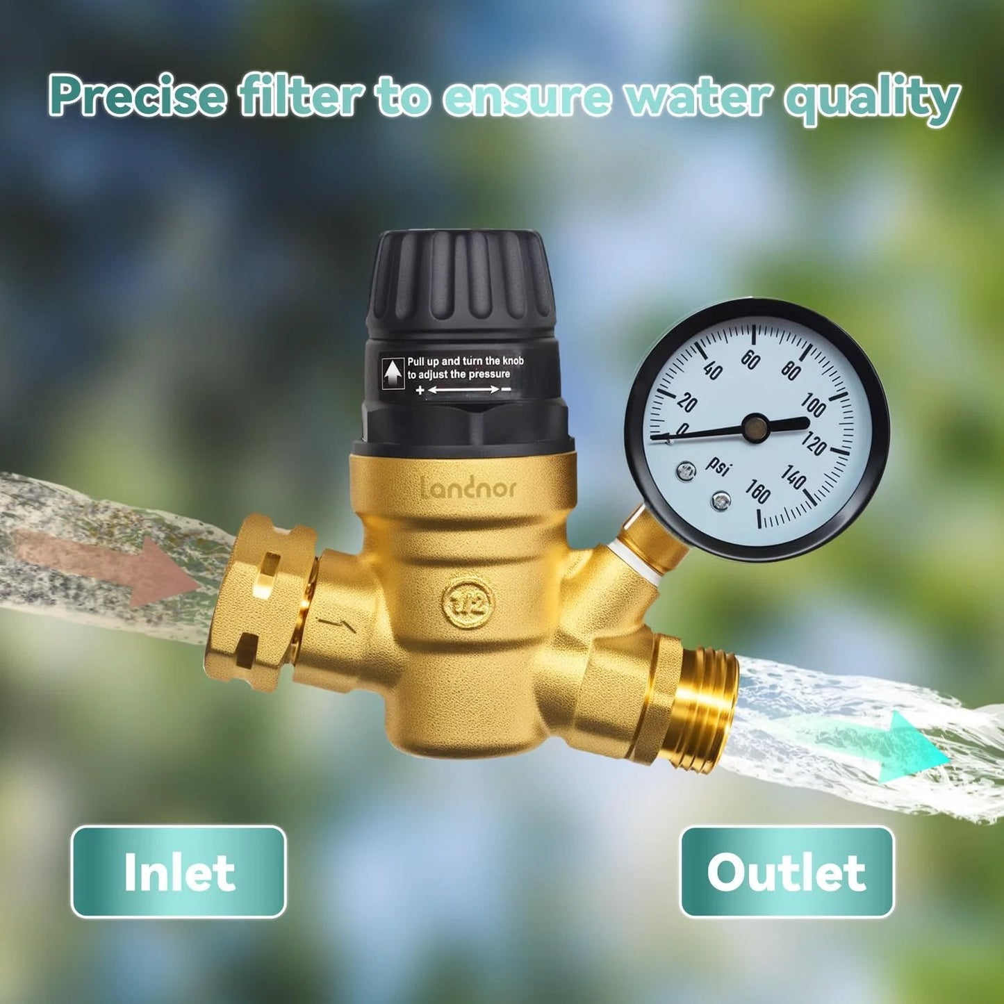 Adjustable RV Water Pressure Regulator Valve With Gauge And Inlet Screen Filter Brass Lead Free No Tool Required Must Have For Camper Travel Trailer And RV Plumbing Protection Great For Any Road Trip close-up view with gauge and inlet nozzle.