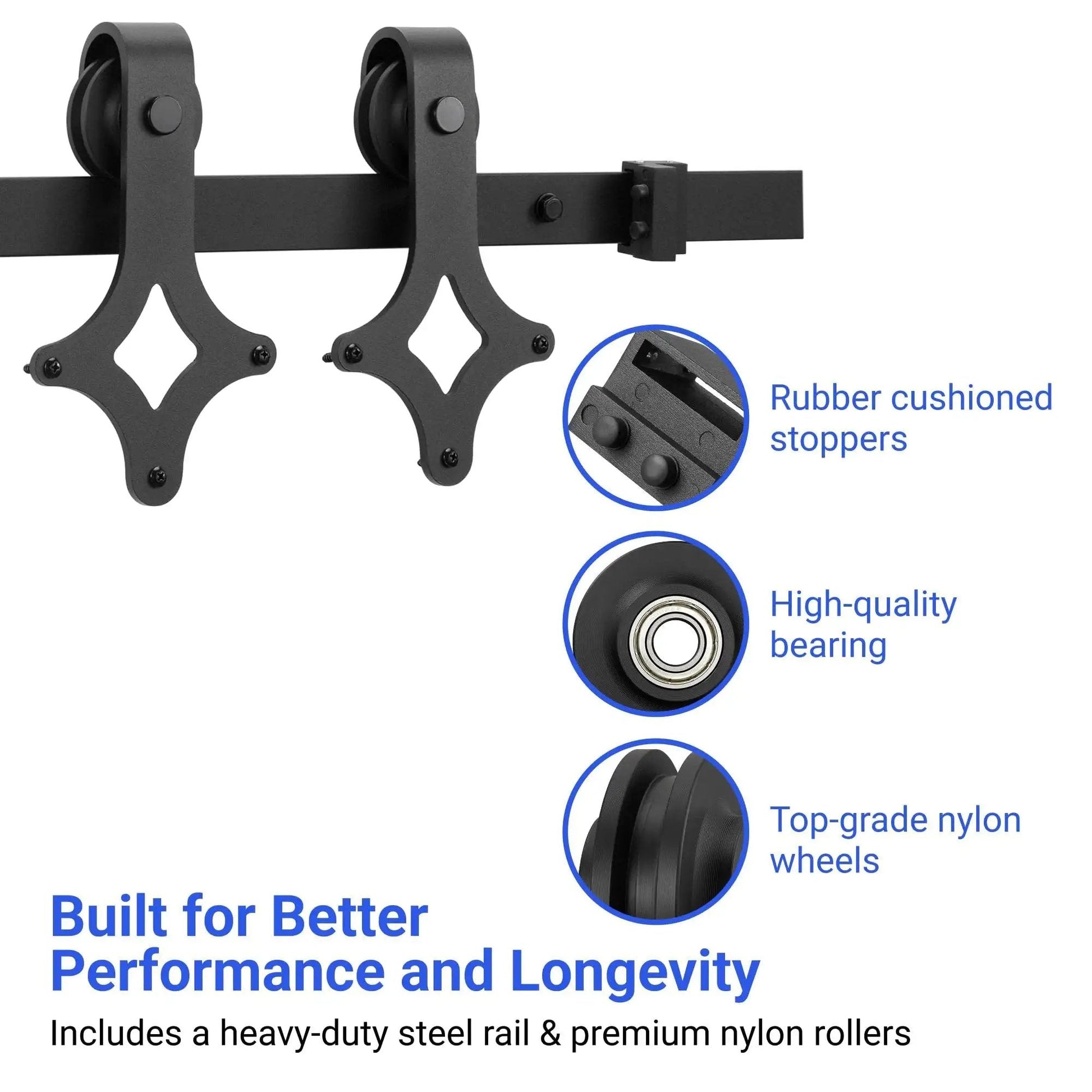 Heavy Duty Barn Door Hardware Kit With Handle For Smooth Sliding Doors Includes Track Rails And Rollers Durable Single Or Double Barn Door Assembly Black Finish Easy To Install Suitable For DIYers And Professionals showing nylon rollers, rail, and rubber stoppers.