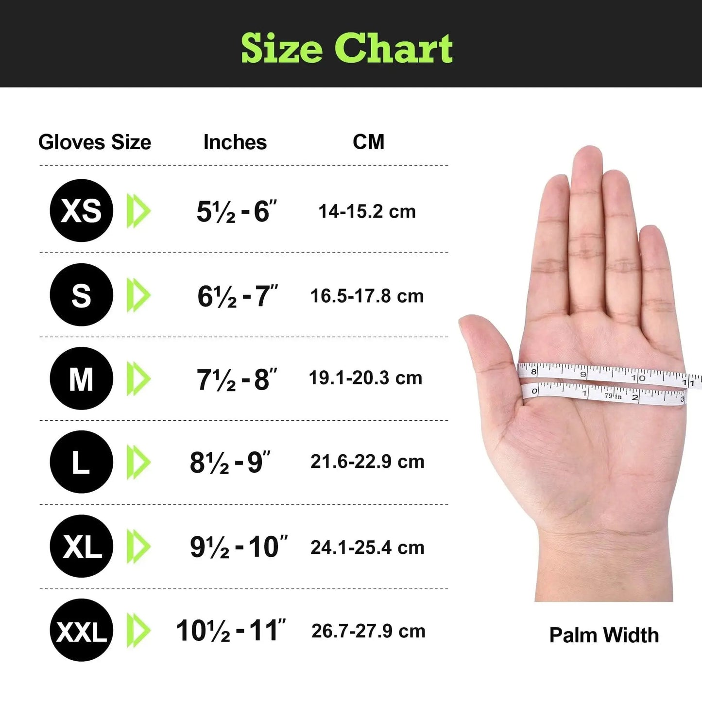 Glove size chart showing dimensions for Green Nitrile Gloves 8 Mil Heavy Duty Textured Grip Powder Free Food Safe 100 Ct, with hand measure.
