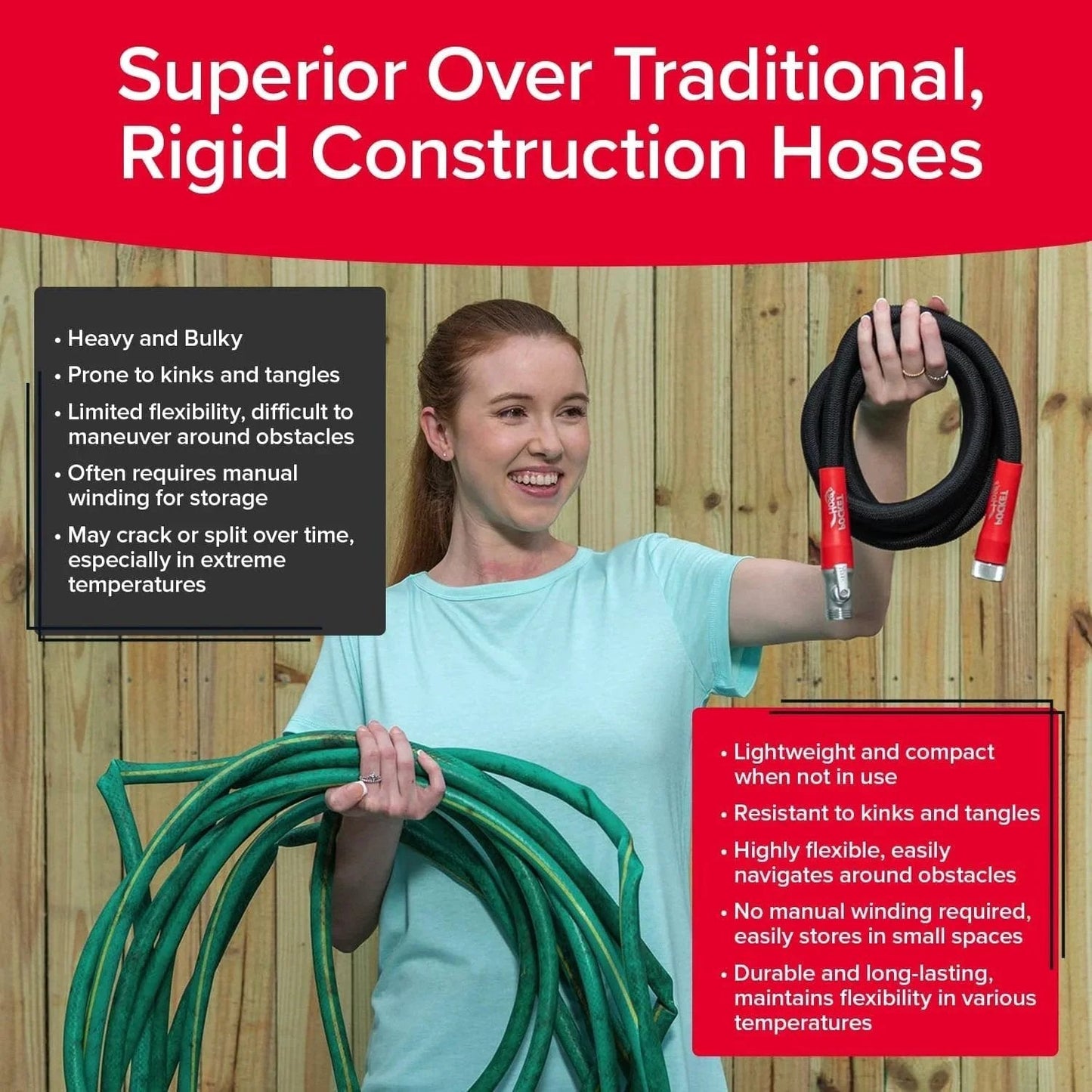 Person holding Expandable 50 Ft Garden Hose With Turbo Shot Nozzle For Quick Water Flow From Pocket Hose Silver Bullet Two Point Zero next to traditional hose.