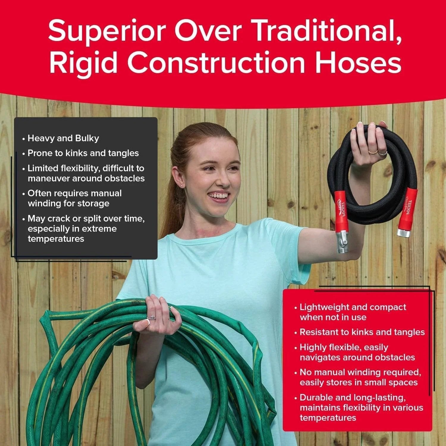 Person holding Expandable 50 Ft Garden Hose With Turbo Shot Nozzle For Quick Water Flow From Pocket Hose Silver Bullet Two Point Zero next to traditional hose.