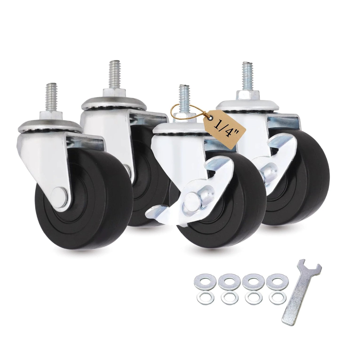 2 Inch Caster Wheels with 1/4 Inch Threaded Stem Swivel Casters and Brakes, Quiet Rolling PVC Wheels for Furniture, Small Trolleys, Utility Carts and Cabinets, Durable Replacement Set of 4