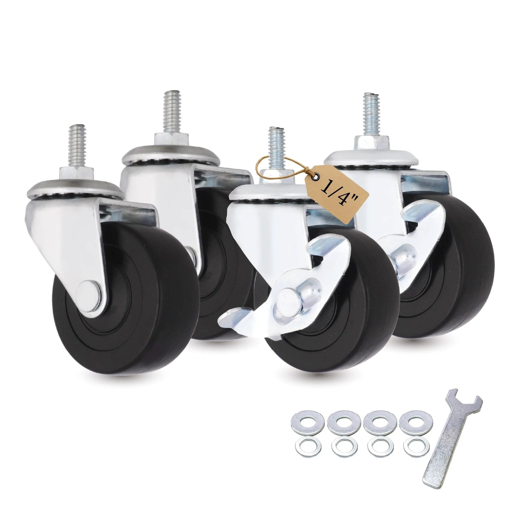 2 Inch Caster Wheels with 1/4 Inch Threaded Stem Swivel Casters and Brakes, Quiet Rolling PVC Wheels for Furniture, Small Trolleys, Utility Carts and Cabinets, Durable Replacement Set of 4
