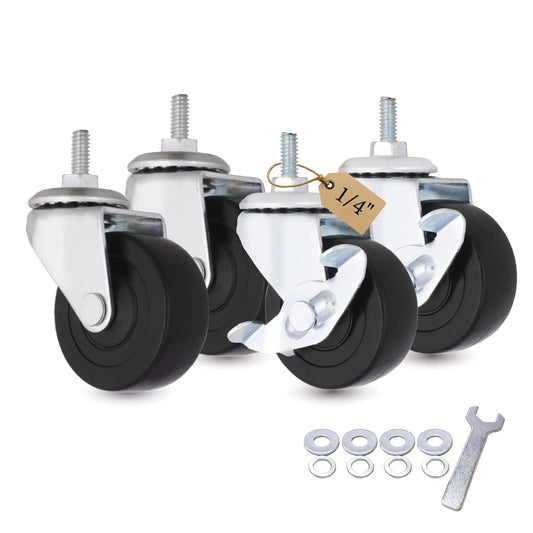 2 Inch Caster Wheels with 1/4 Inch Threaded Stem Swivel Casters and Brakes, Quiet Rolling PVC Wheels for Furniture, Small Trolleys, Utility Carts and Cabinets, Durable Replacement Set of 4