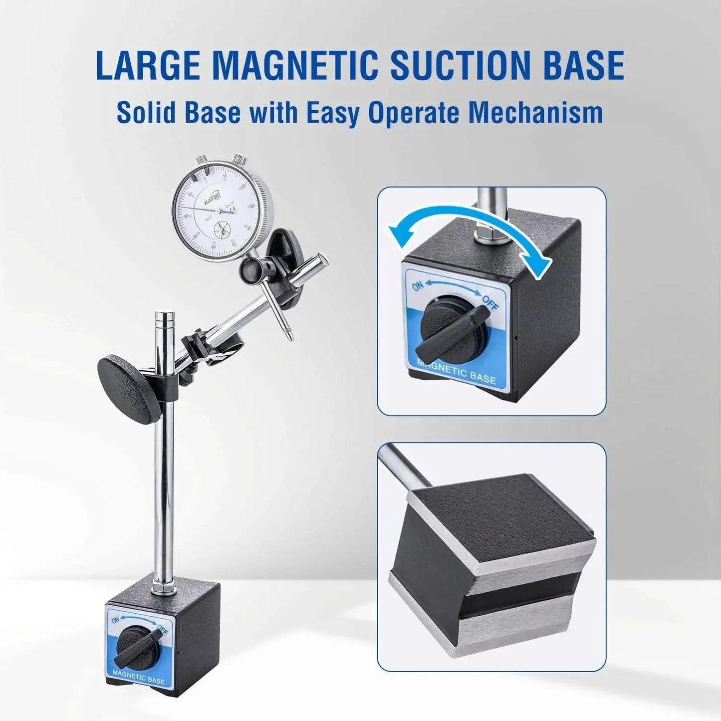 Dial Indicator With Magnetic Base And 22 Piece Indicator Points Set For Pro Grade Precision Measuring 0 To 1.0 In Range And 0.001 In Accuracy Fine Adjustment Magnetic Base With Strong Hold Long Arm Storage Case Included Model 401111 showing large suction base.