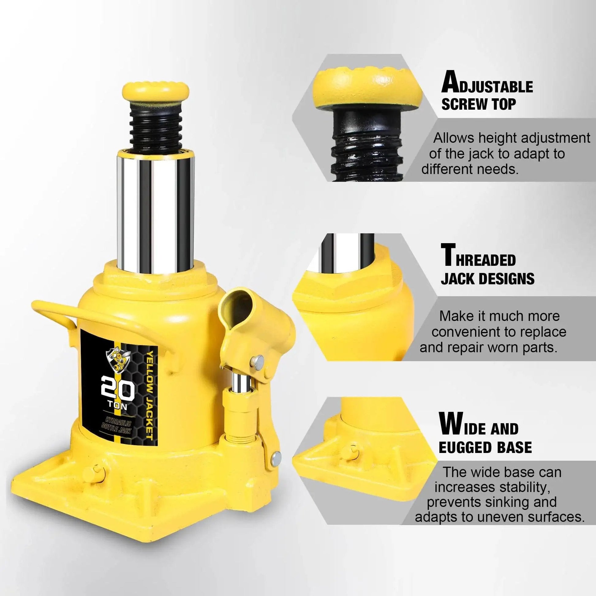 20 Ton Low Profile Bottle Jack for Heavy Duty Lifting Up to 40,000 Lbs, showing yellow adjustable screw top and wide base