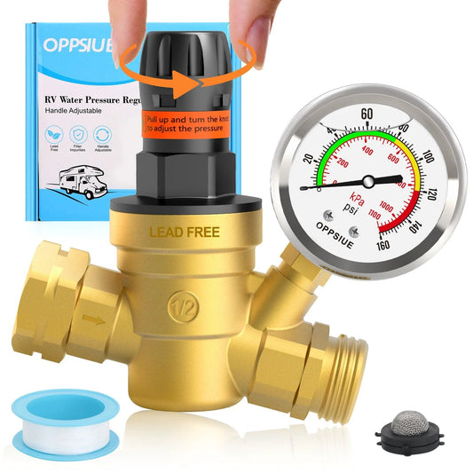 RV Water Pressure Regulator With Colorful Gauge And Hand Adjustable Knob Lead Free Brass Reducer With Inlet Screen Filter NH Thread