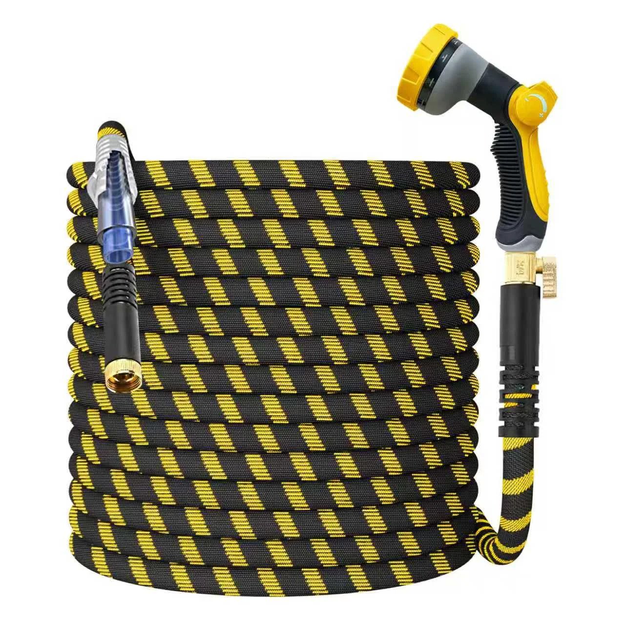 Non Expanding Garden Hose With Jet Nozzle Ultra Lightweight Fabric Hybrid Kink Resistant Durable 100 Ft Yellow Hose With Heavy Duty Brass Connectors For Home Marine And RV Use By HIGH QUA coiled view