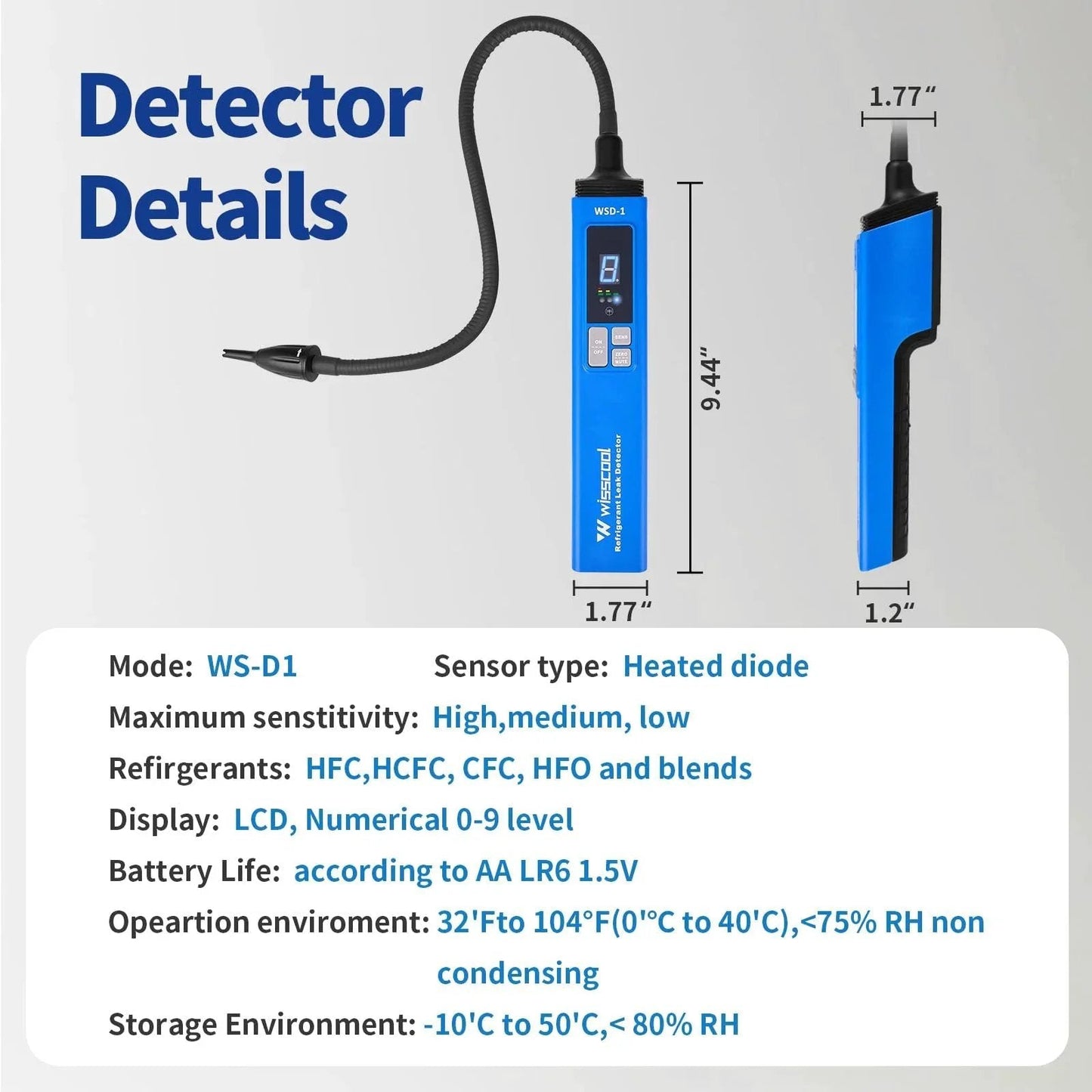Advanced HVAC Leak Detector for Halogen Gas Leaks and Freon Alarm LCD Display Detects R22 R410A R134A R1234yf With Three Sensitivity Modes Up To 0.1 Oz Per Year Fast Warm Up Handy Refrigerant Tester for Pros shown with dimensions and display details.