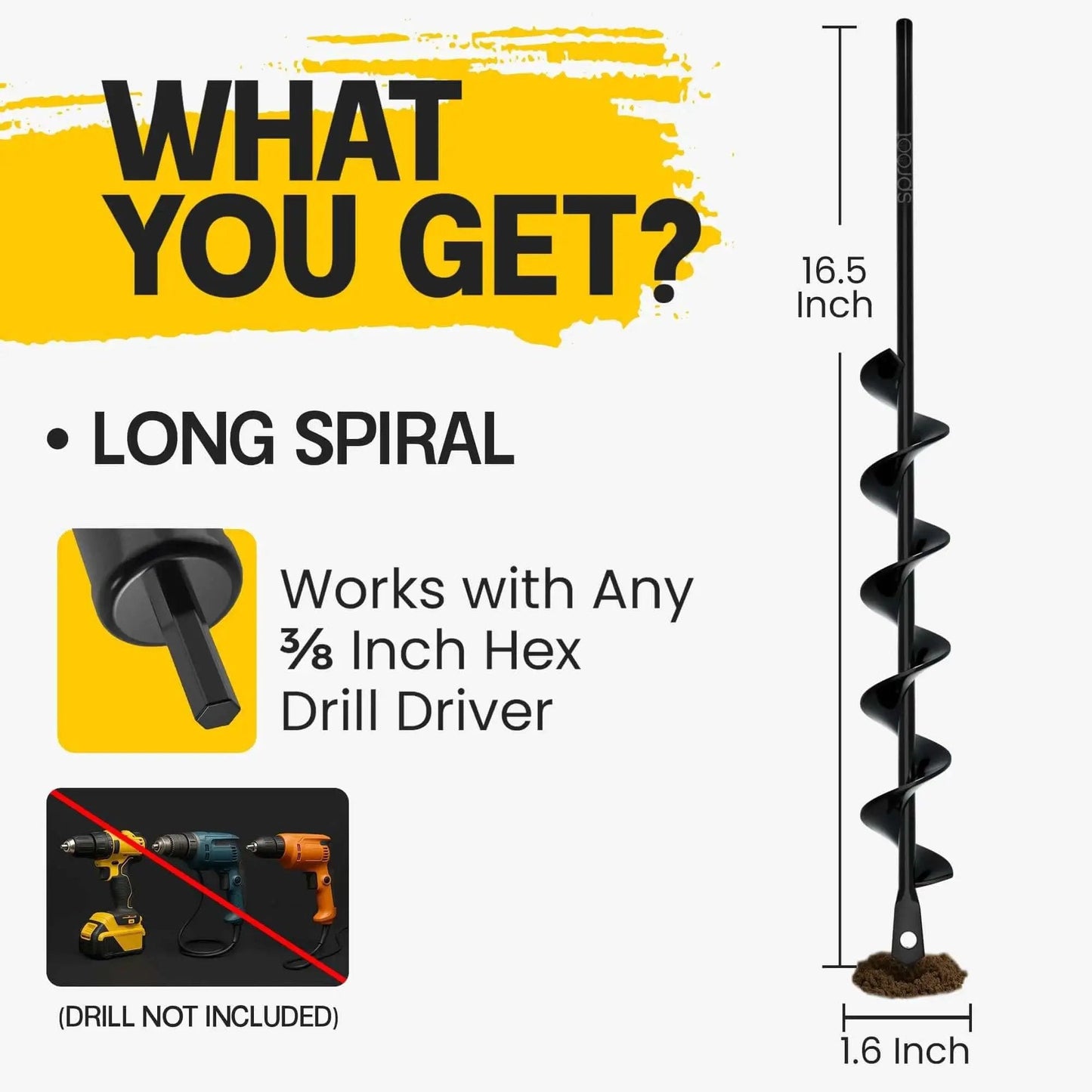 Garden Auger Drill Bit For Planting One Point Six By Sixteen Point Five Inch With Three Eighth Inch Hex Drive Fits Standard Drills