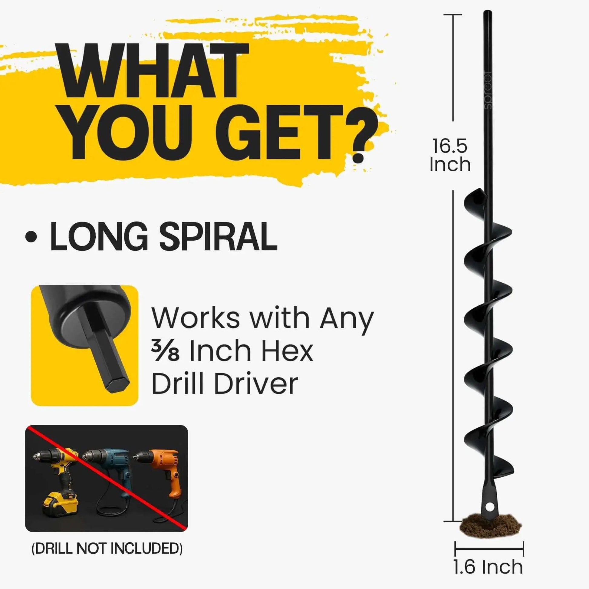 Garden Auger Drill Bit For Planting One Point Six By Sixteen Point Five Inch With Three Eighth Inch Hex Drive Fits Standard Drills