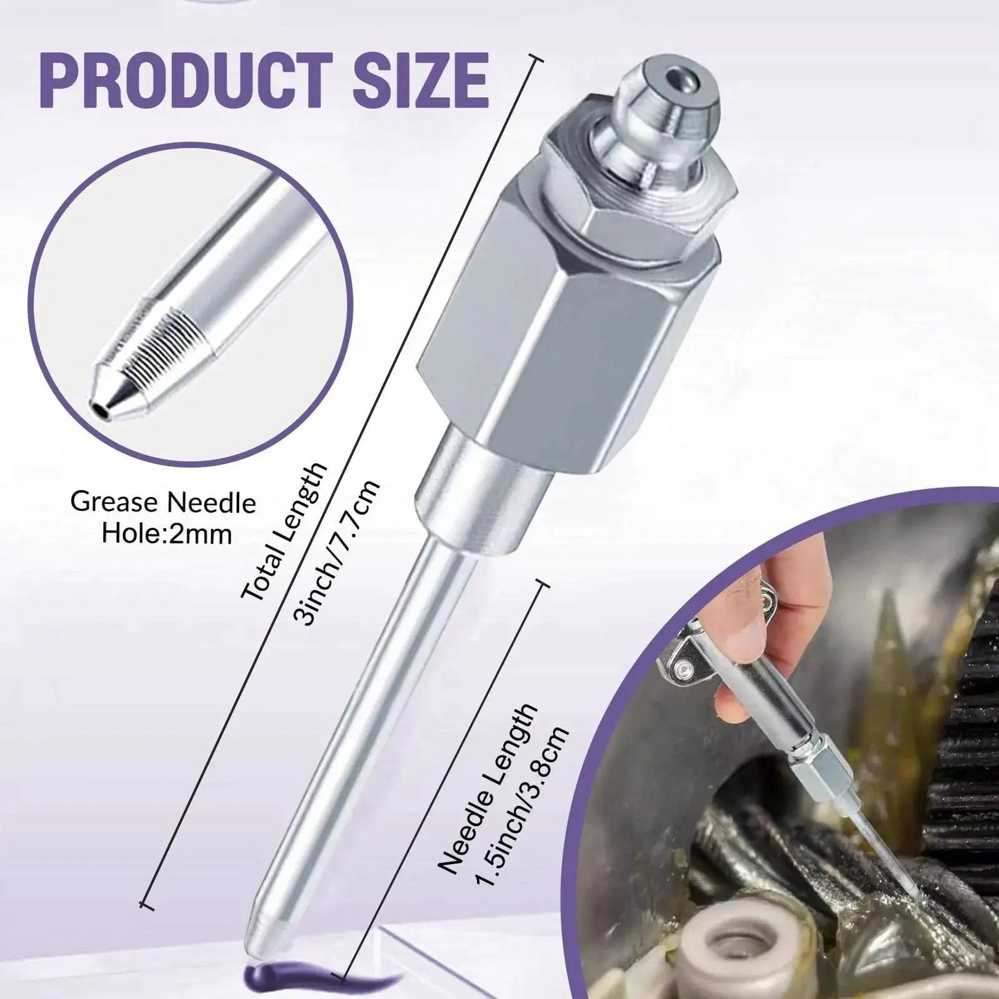Close-up of grease needle from Grease Gun Accessory Kit With Needle Dispenser And Two Needle Nozzles, 90 Degree Coupler Adapter.