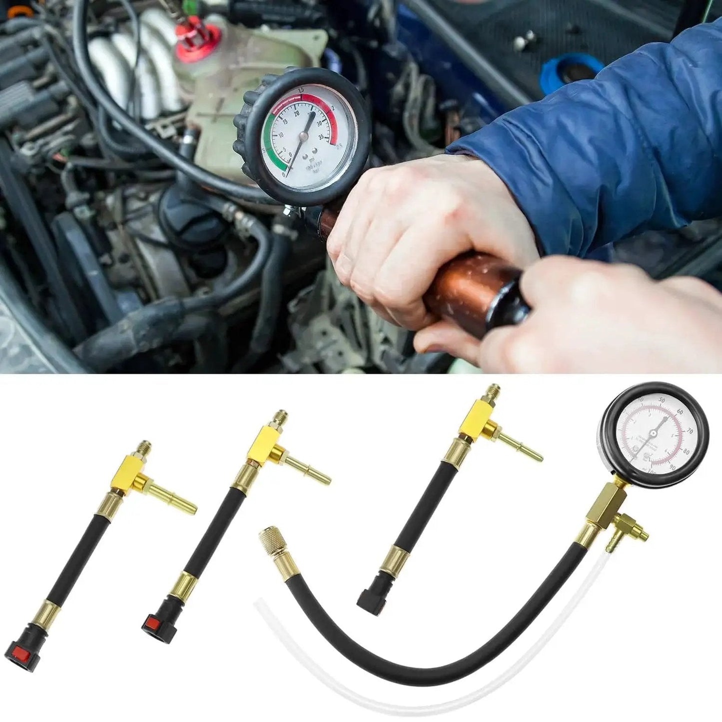 Universal Fuel Pressure Test Kit With Dual Gauge 0 To 7 Bar 0 To 100 PSI in use and components displayed