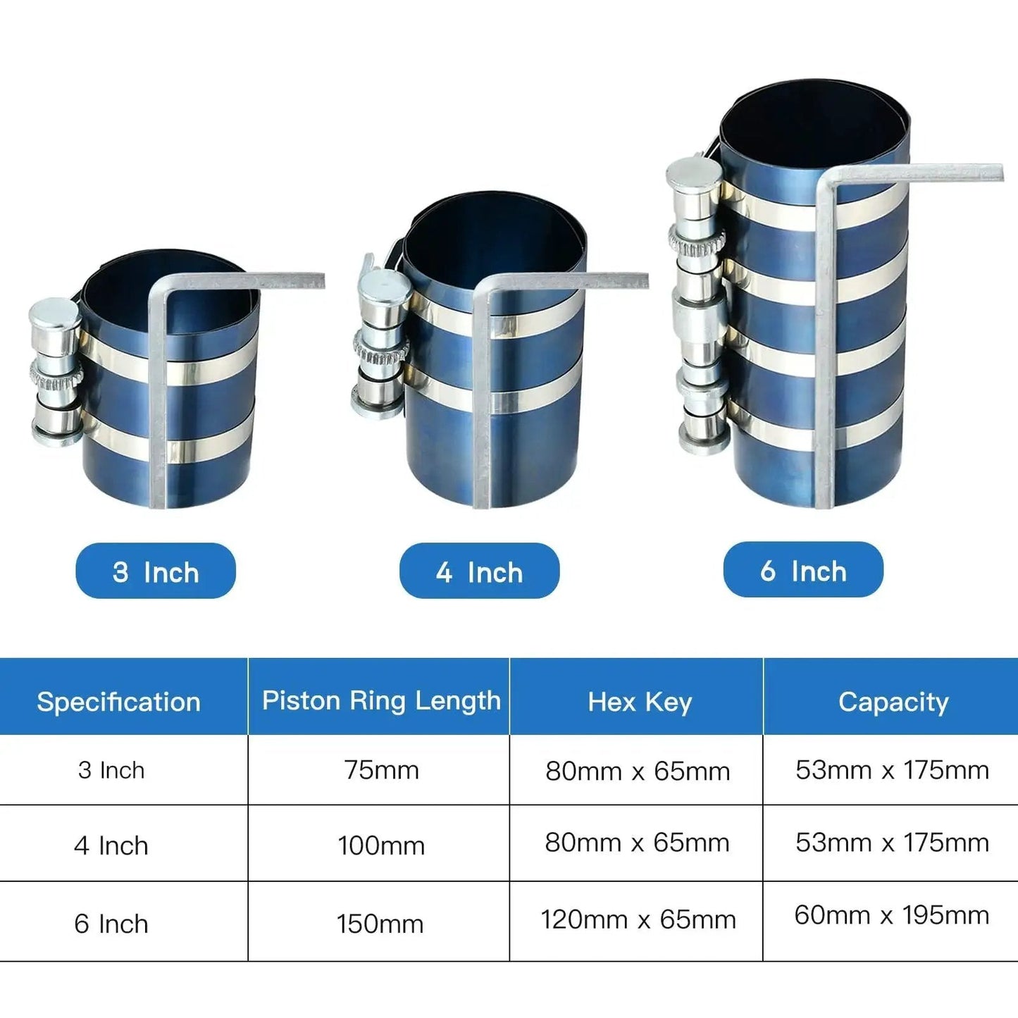 All In One 8 Piece Piston Ring Compressor Kit For Car Engines With Adjustable 3 Inch 4 Inch And 6 Inch Diameters Includes Pliers Hex Keys And Stainless Steel Feeler Gauge For Fast Engine Builds Worldity, showing three sizes with specifications.