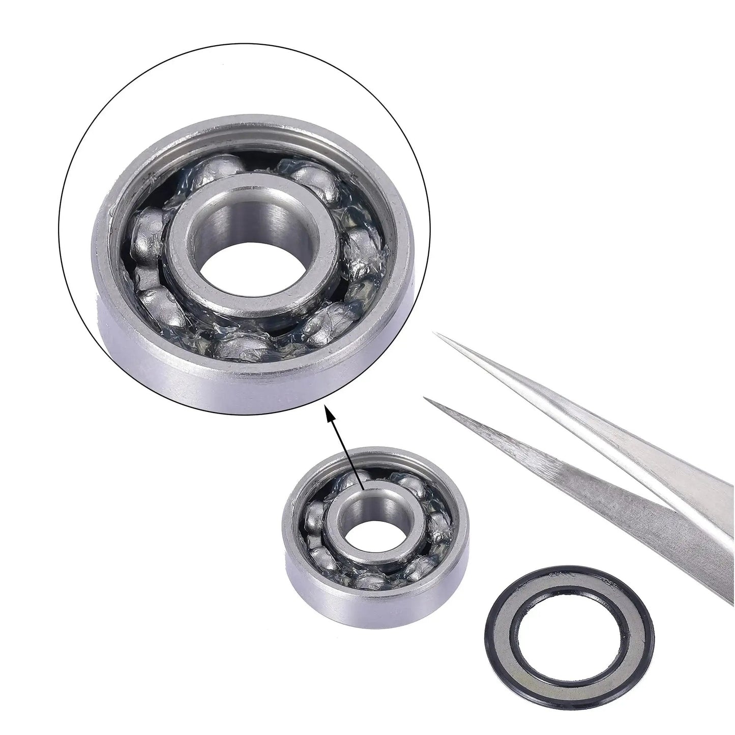 608-2RS Pre Lubricated Skate Wheel Bearing with exposed inner components, ABEC 5 view, next to tweezers