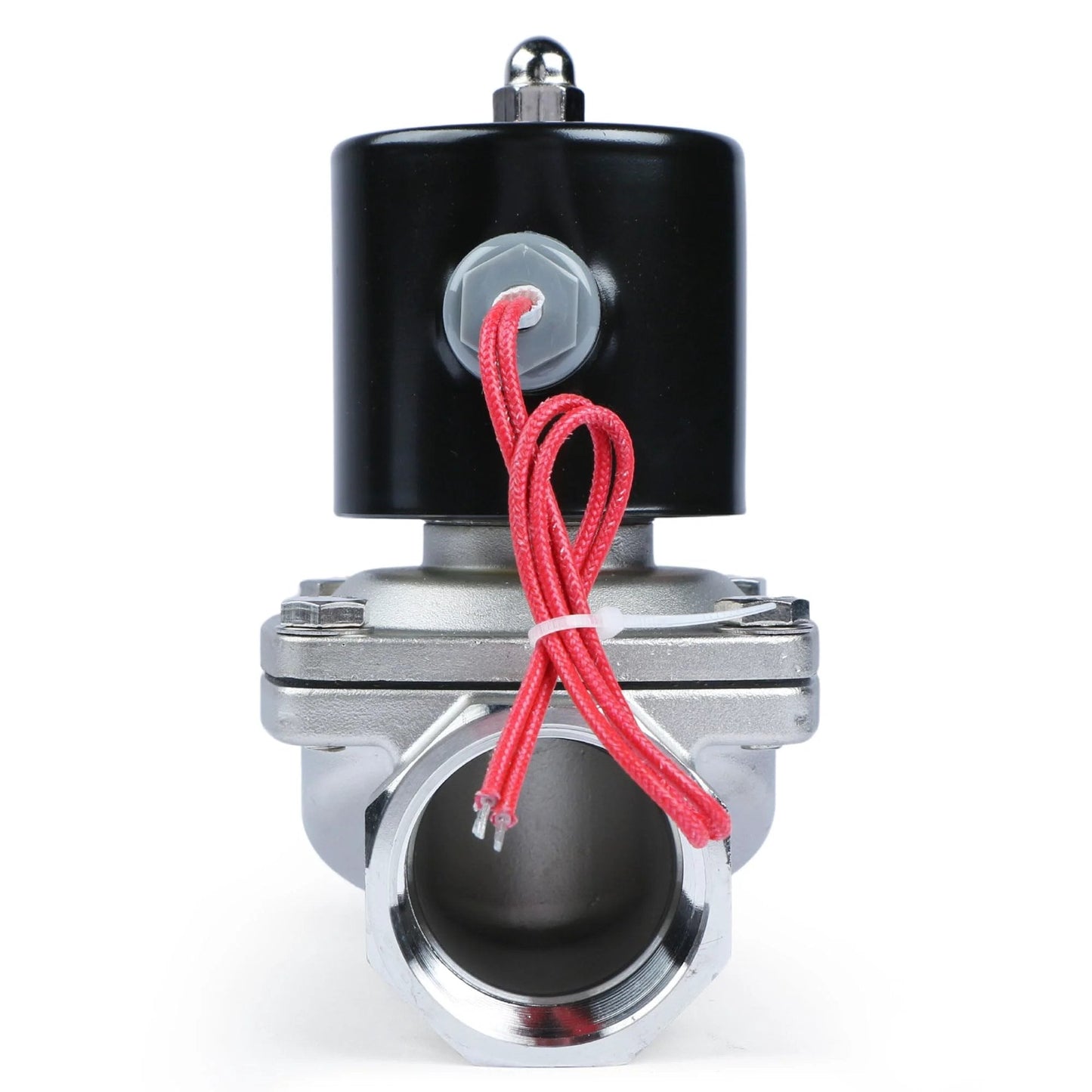 Front view of stainless steel one and one half inch 12V DC solenoid valve with Viton seal, designed for gasoline and industrial use.