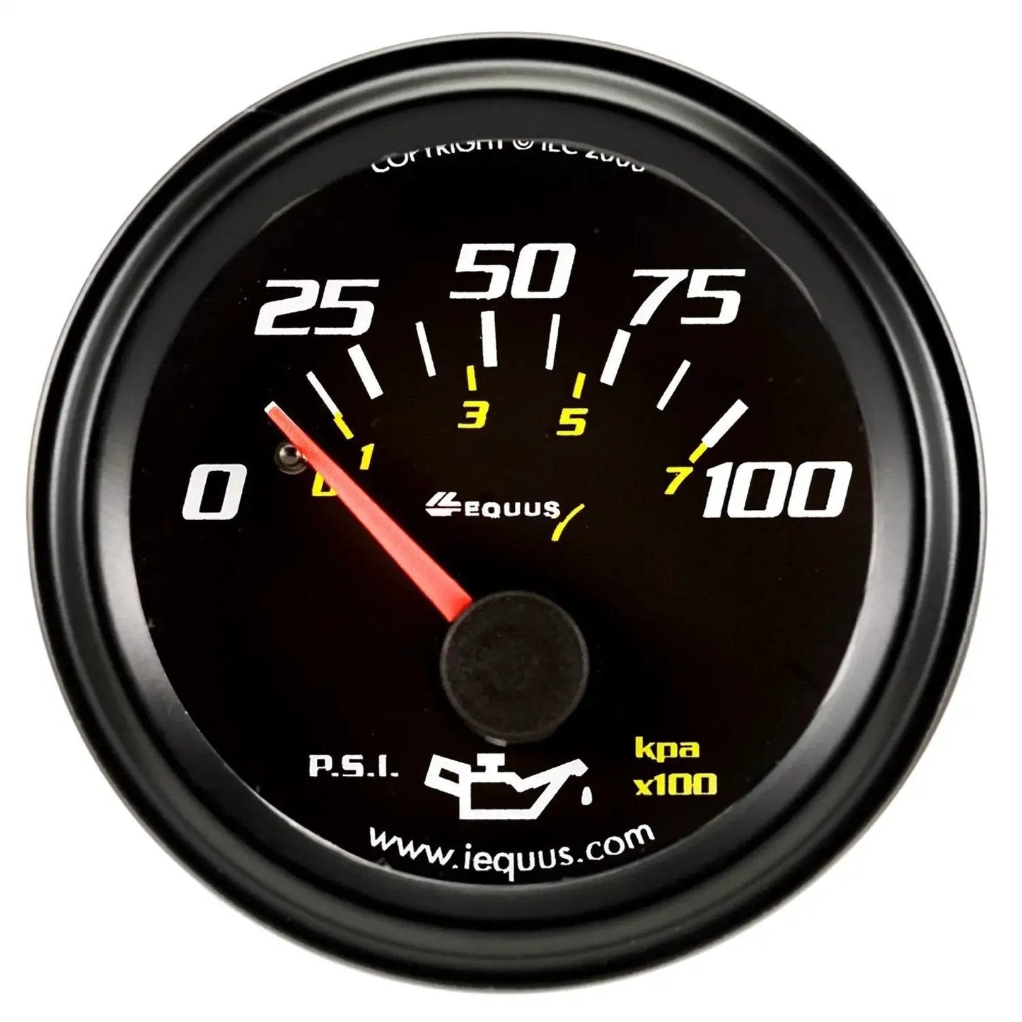 Front view of Two And One Sixteenth Inch Mechanical Oil Pressure Gauge With Black Face And White Numerals Backlit For Night Use 0 to 100 Psi
