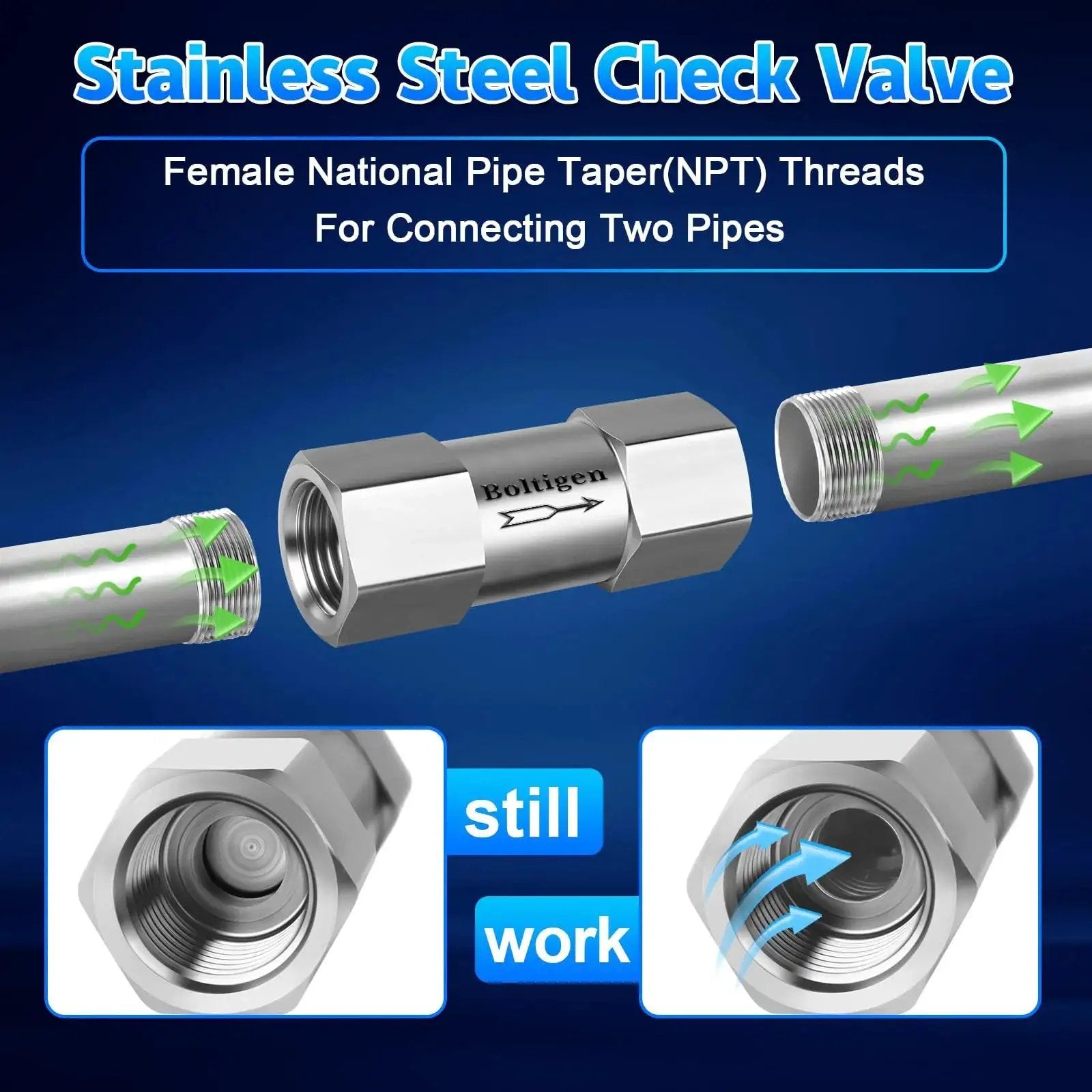 Heavy Duty Stainless Steel 304 One Half Inch NPT Spring Check Valve Built For Industrial Use With 1000 PSI Rating And Minus Twenty Celsius To Two Hundred Celsius Operating Range Two Port NPT Connections