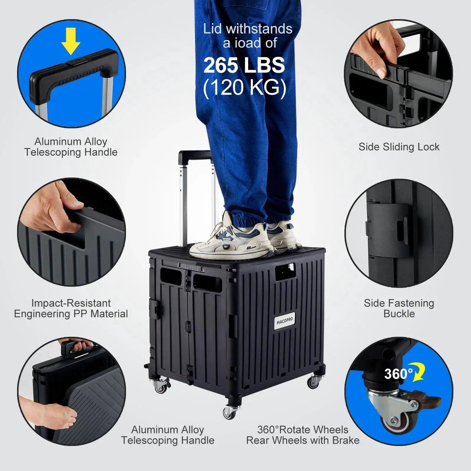 Person standing on black Folding Utility Cart With Lid And Basket On Four 360 Degree Rotating Wheels, showing durability and features.
