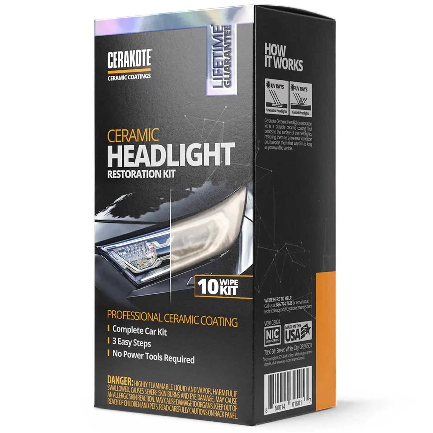 Headlight Restoration Kit With Ceramic Coating Wipes For Clear Lasting Results packaging showcasing contents and application details.