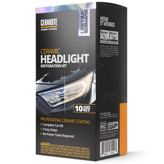 Long Lasting Ceramic Headlight Restoration Kit That Keeps Your Car Lights Crystal Clear No Power Tools Needed Includes 8 Oxidation Removing Wipes 1 Sanding Kit And 2 Ceramic Coating Wipes CERAKOTE in box view.
