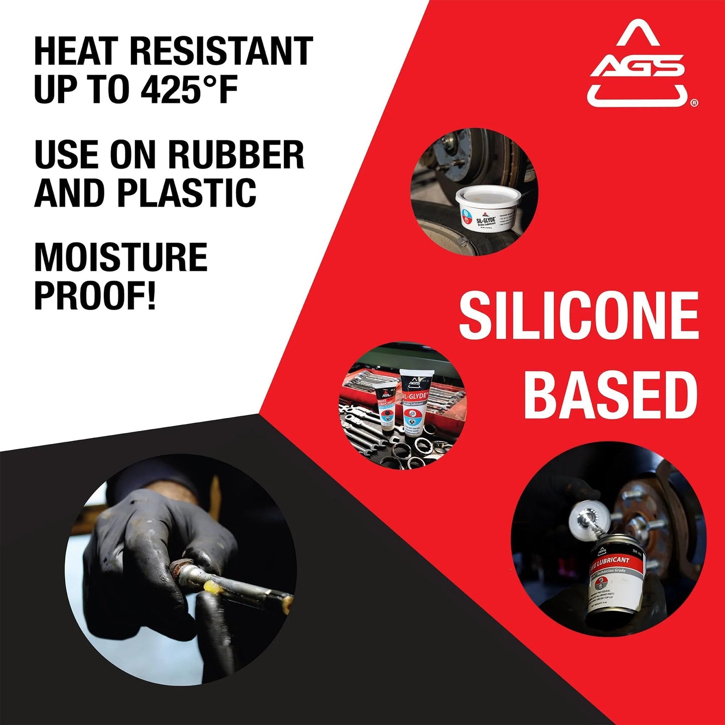 Disc Brake Squeal Eliminator With Silicone Based Brake Lubricant For Full Assembly Keeps Noise Down While Shielding Components From Moisture Heat And Rust AGS Sil Glyde 4 Oz Tube with multiple images, text highlighting heat resistance and usage instructions.
