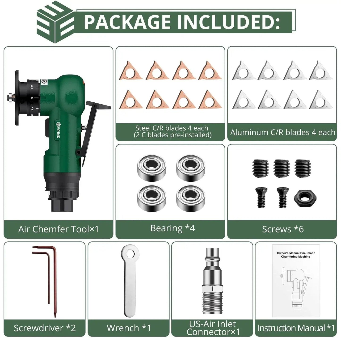 Package includes Pro Mini Pneumatic Chamfering Tool with 16 Piece C And R Angle Blades, bearings, screws, and tools for metal air chamfering.