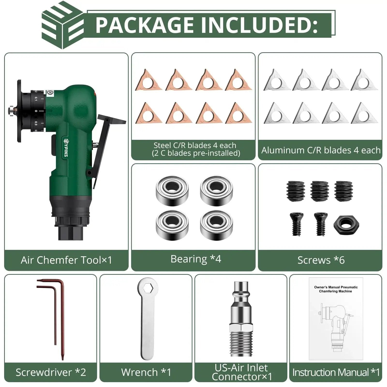 Package includes Pro Mini Pneumatic Chamfering Tool with 16 Piece C And R Angle Blades, bearings, screws, and tools for metal air chamfering.