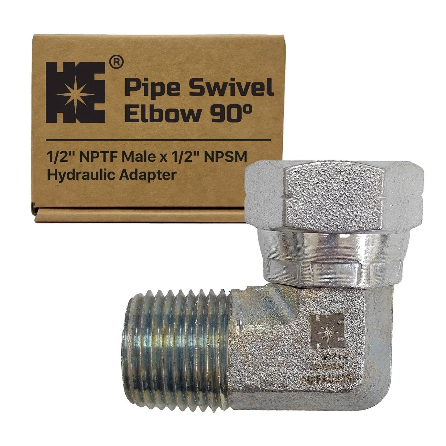 One Half Inch NPTF Male To One Half Inch NPSM Swivel Elbow 90 Degree Hydraulic Adapter with box, carbon steel and zinc-plated.