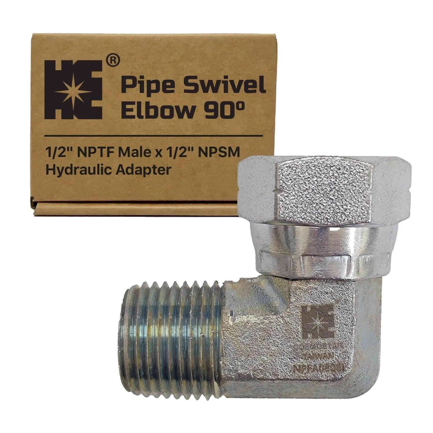 One Half Inch NPTF Male To One Half Inch NPSM Swivel Elbow 90 Degree Hydraulic Adapter with box, carbon steel and zinc-plated.