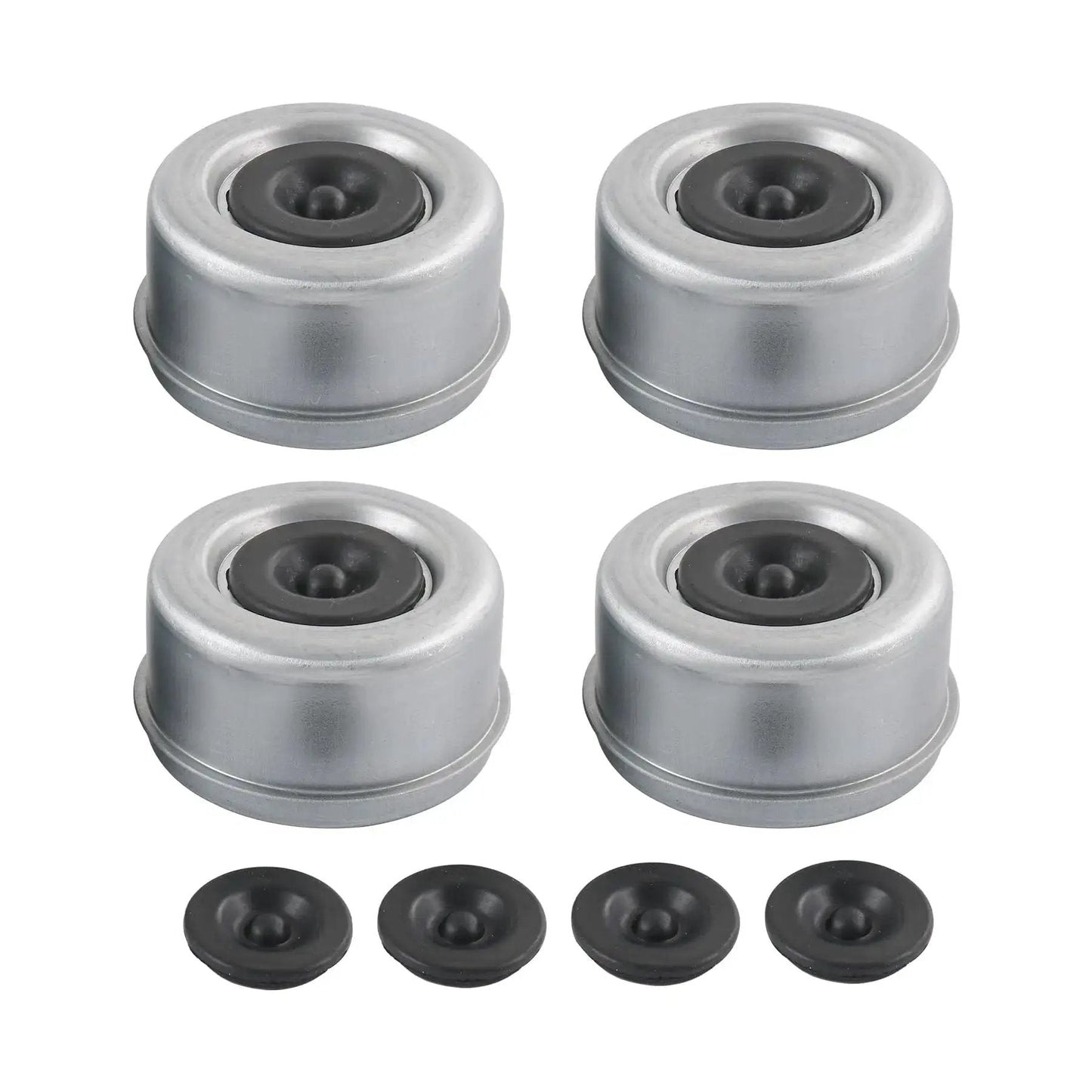 Beefy Heavy Duty Trailer Axle Wheel Hub Dust Cap Set Four Pieces Two Point Seven Two Inch For Most 7000 8000 Lb Wheel Hubs Includes Four Rubber Plugs EZ Lube Dexter Camper RV Bearing Dust Cap.