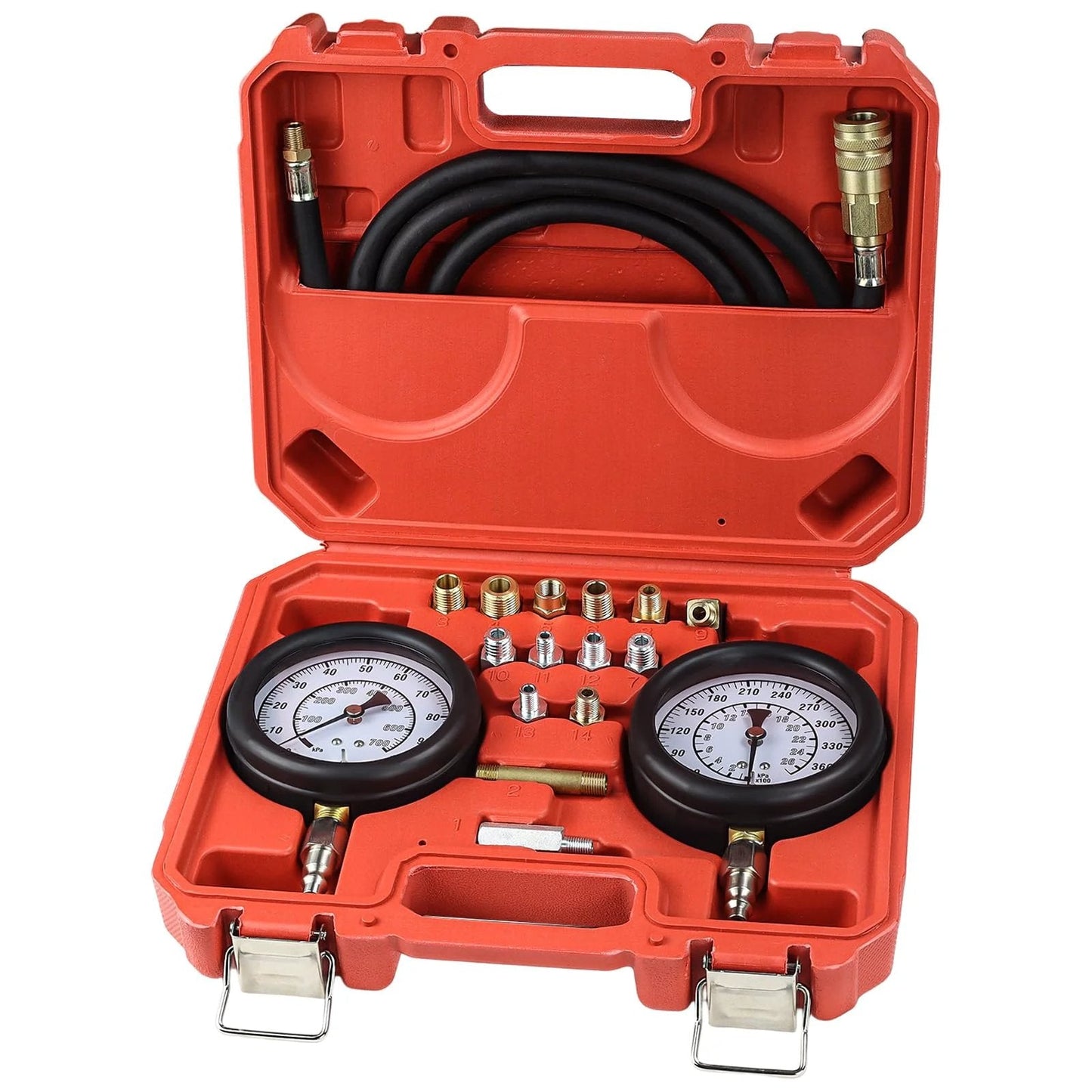 Engine And Transmission Oil Pressure Test Kit with 14 Thread Adapters 72 Inch Hose and Dual Gauges Up to 400 PSI in red case