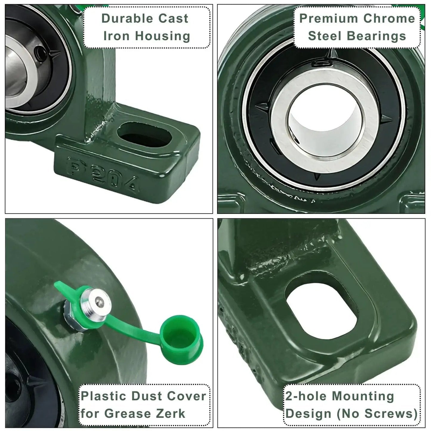 Close-up view showing Eight Pack Pillow Block Bearings UCP20412 with chrome steel bearings and cast iron housing features.