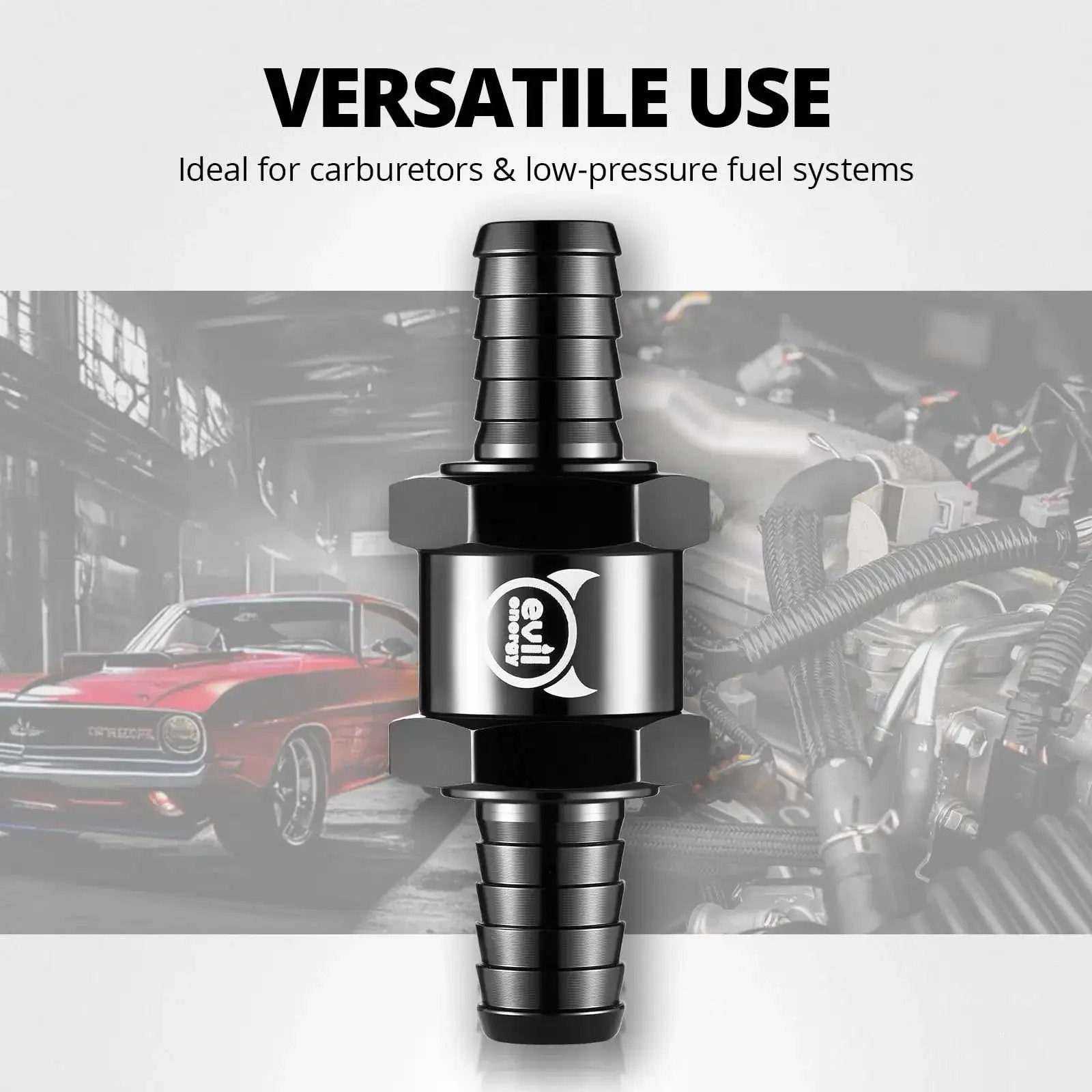 One Way Fuel Check Valve Inline Three Eighths Inch OD 10mm Non Return Diesel Gasoline Black 6061 T6 Aluminum Alloy EVIL ENERGY