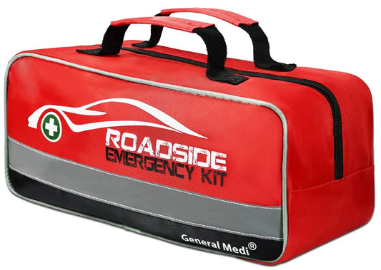 Red bag containing Essential 127-Piece Car Emergency Kit With Mini First Aid Kit Includes Jumper Cables Tow Rope Safety Vest And Emergency Triangle