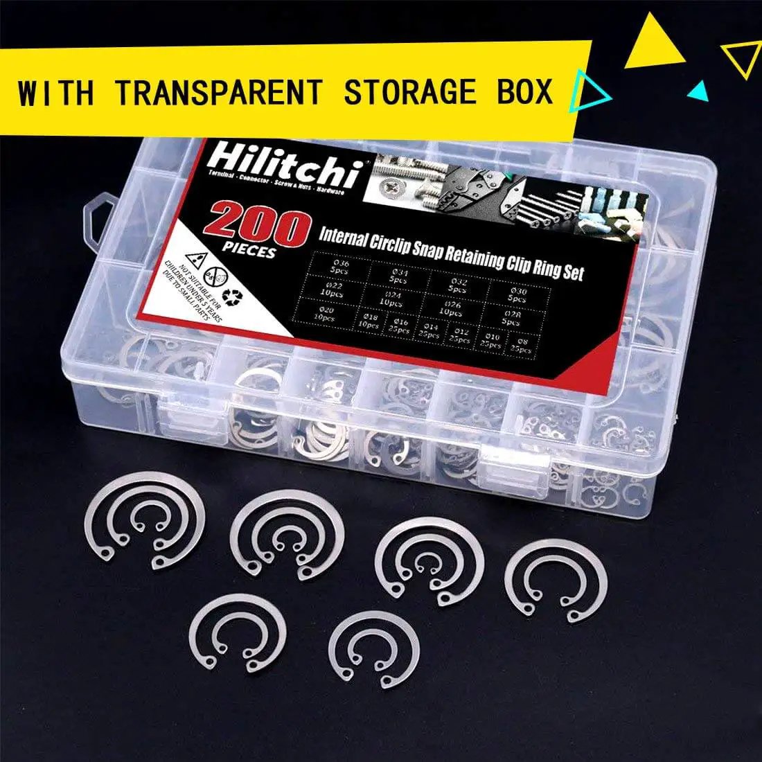 Internal Snap Ring Set 304 Stainless Steel, 200-Piece Assortment in 15 Common Metric Sizes with transparent storage box.