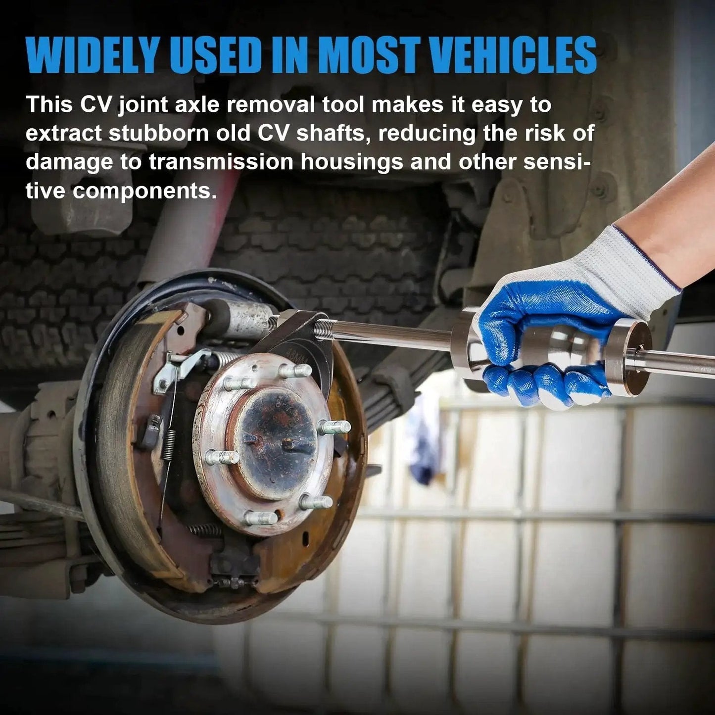 Mechanic using CV Axle Puller Tool with Slide Hammer for front wheel drive vehicles, featuring 63mm and 48mm CV joint fork adapters.