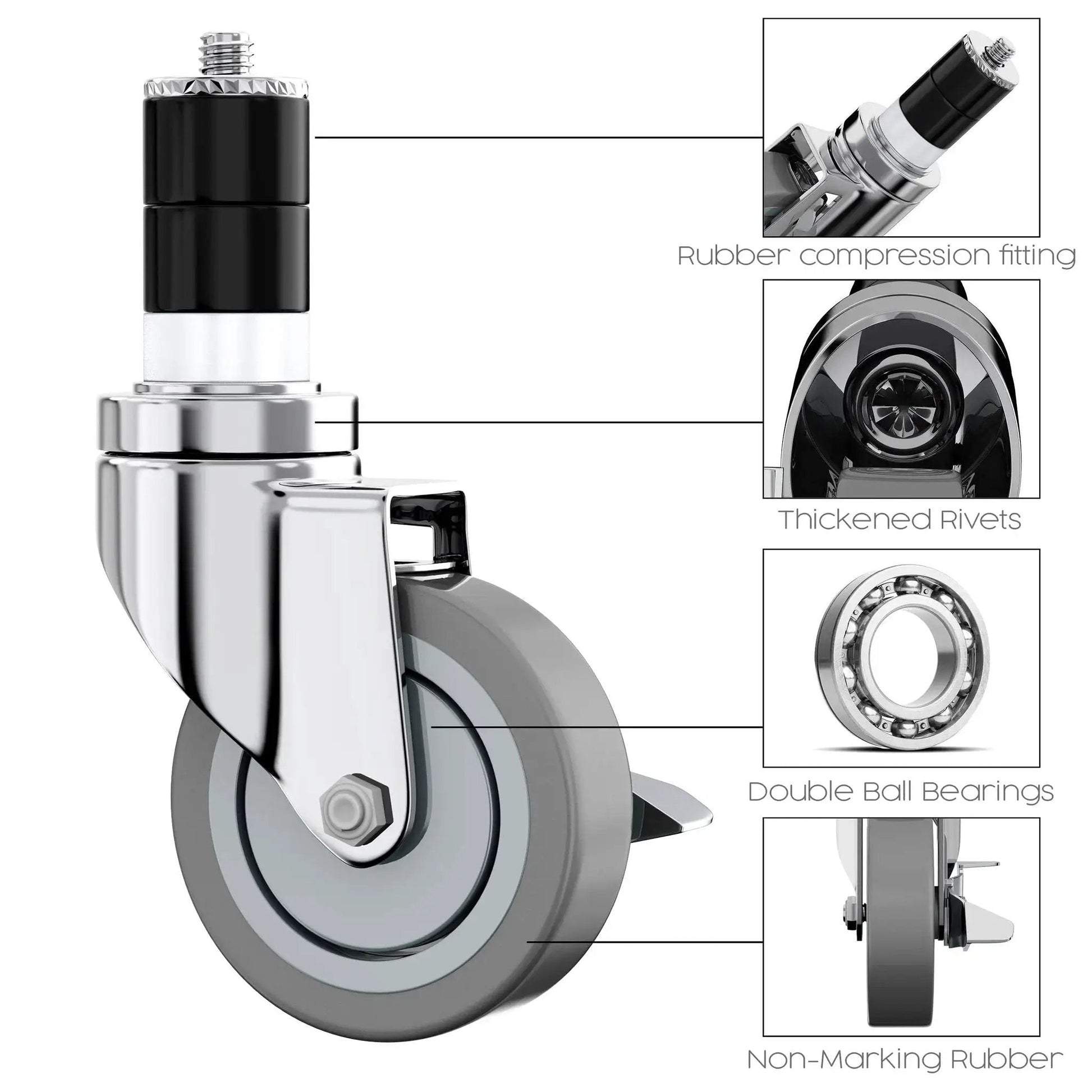 4-Inch Table Casters Set Of 4 With Expanding Stem Stainless Steel Locking Non Marring Rubber Wheels close-up with parts labeled