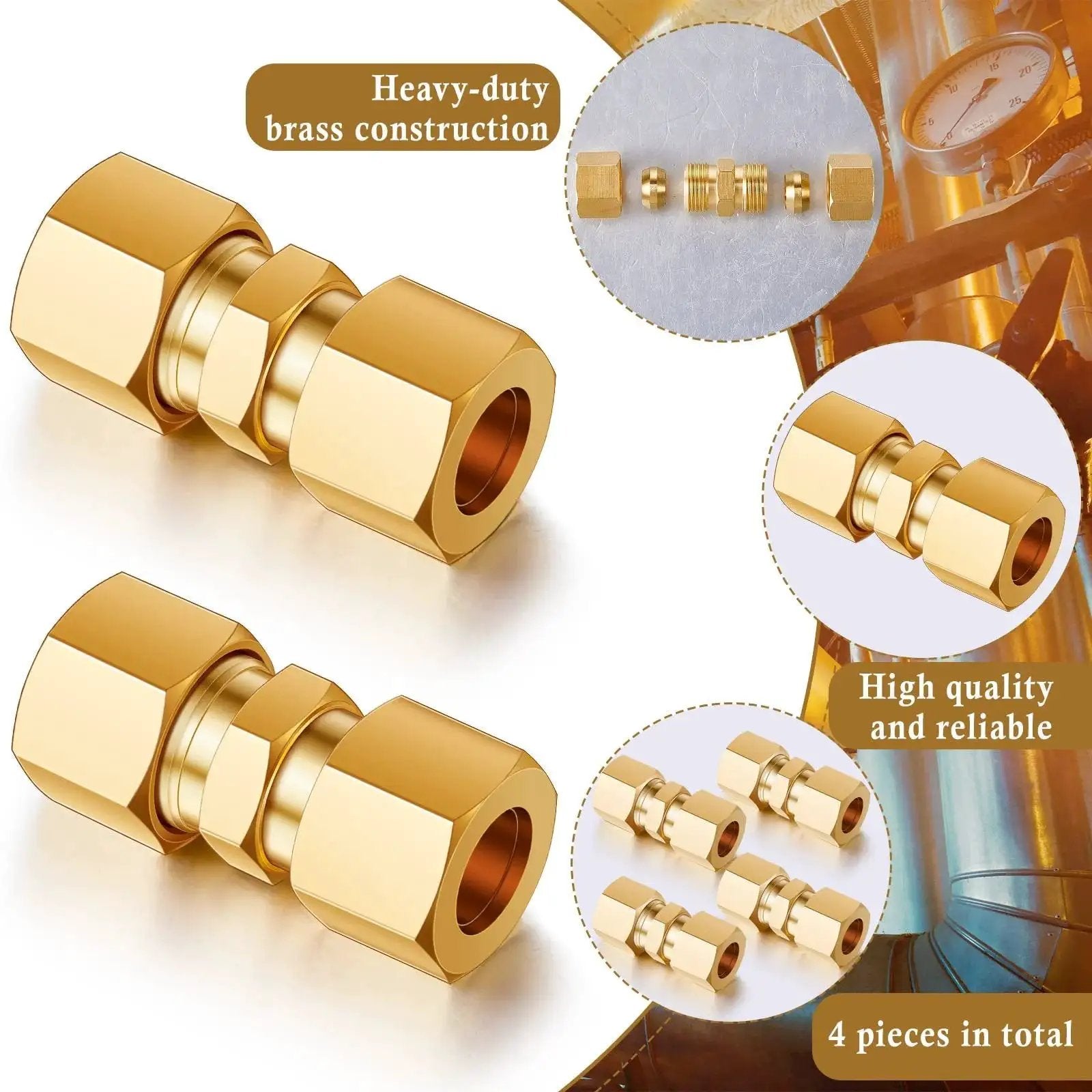 4 Pack Brass Compression Tube Fittings 3/8 Inch OD Union Connectors For Copper Aluminum And Plastic Tubing With Watertight Seal